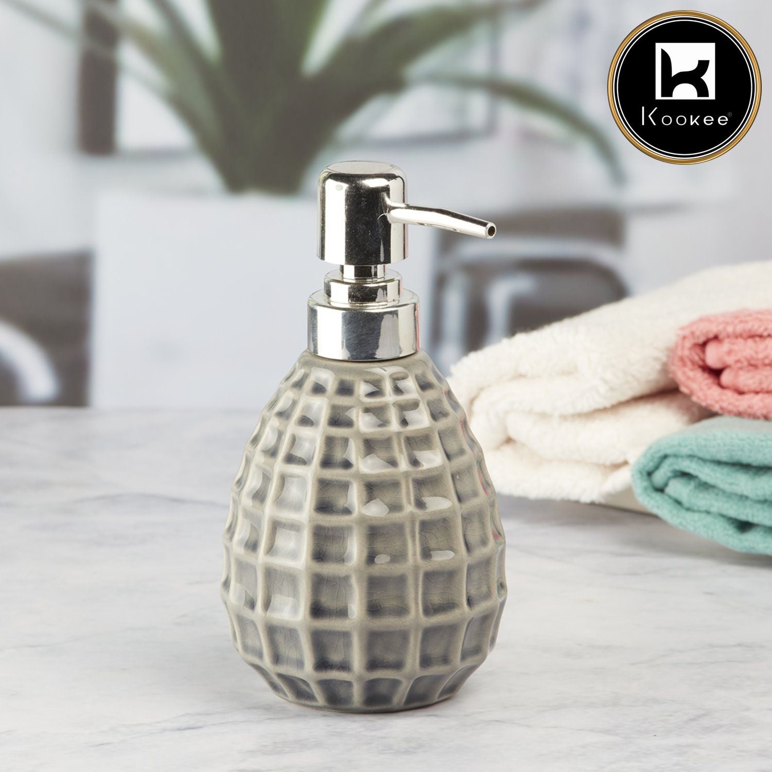 Kookee Ceramic Soap Dispenser with Stylish Refillable Pump Bottle for Bathroom Handwash & Kitchen Wash Basin, Perfect for Hand Soap, Lotion, and more, Grey,