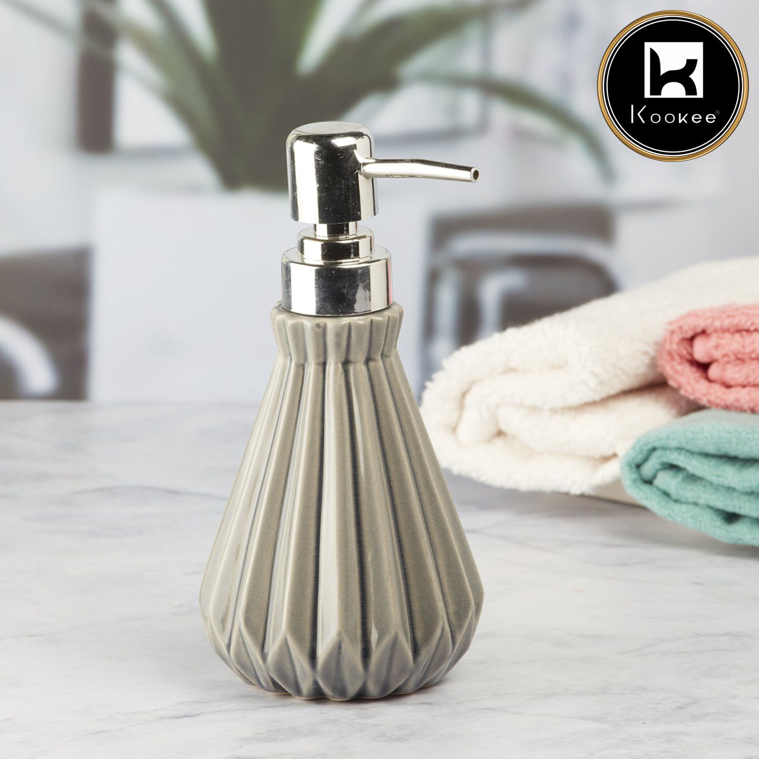 Kookee Ceramic Soap Dispenser with Stylish Refillable Pump Bottle for Bathroom Handwash & Kitchen Wash Basin, Perfect for Hand Soap, Lotion, and more, Grey,