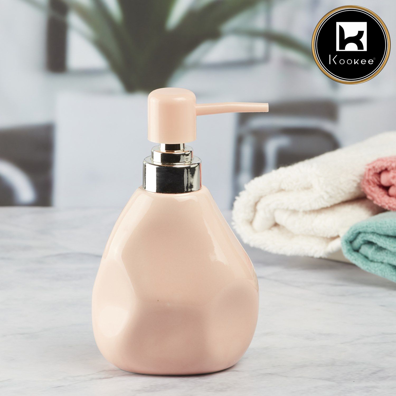 Kookee Ceramic Soap Dispenser with Stylish Refillable Pump Bottle for Bathroom Handwash & Kitchen Wash Basin, Perfect for Hand Soap, Lotion, and more, Peach,