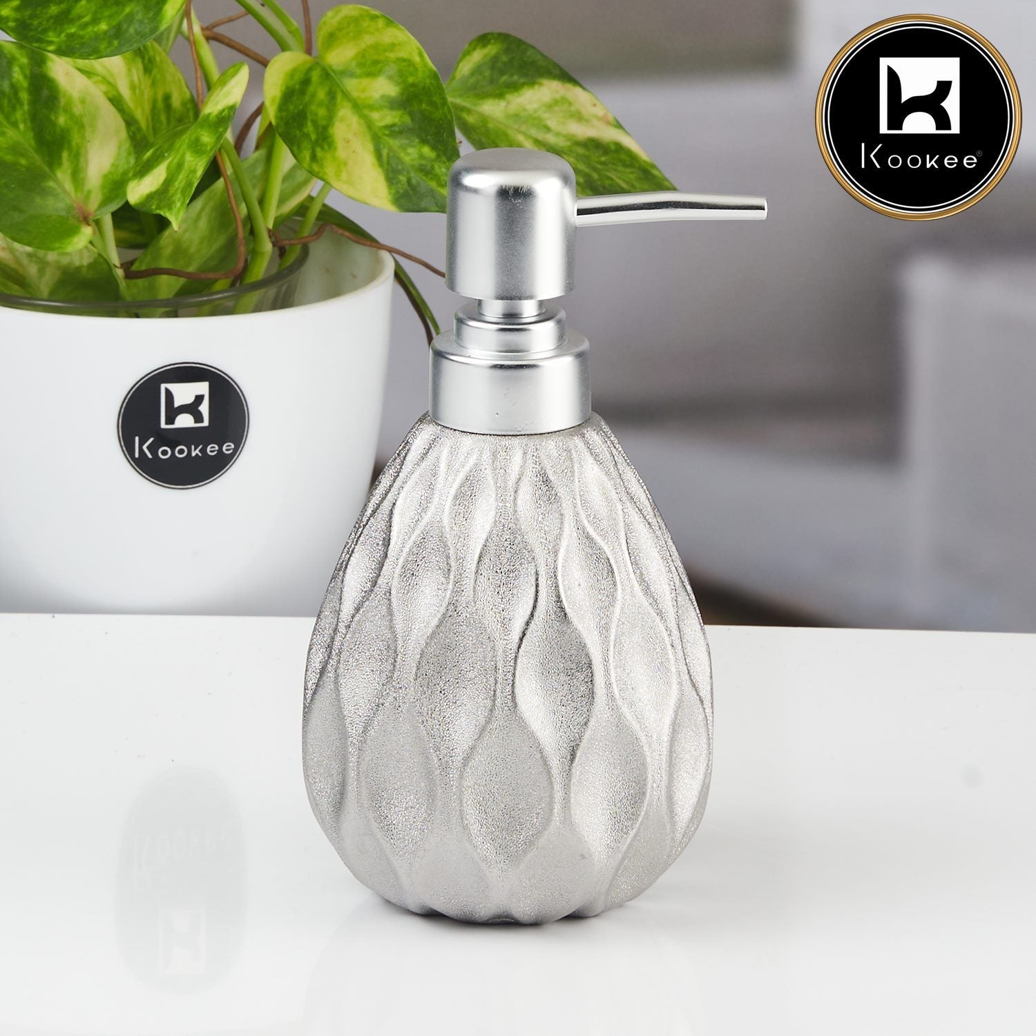 Kookee Ceramic Soap Dispenser with Stylish Refillable Pump Bottle for Bathroom Handwash & Kitchen Wash Basin, Perfect for Hand Soap, Lotion, and more, Silver,