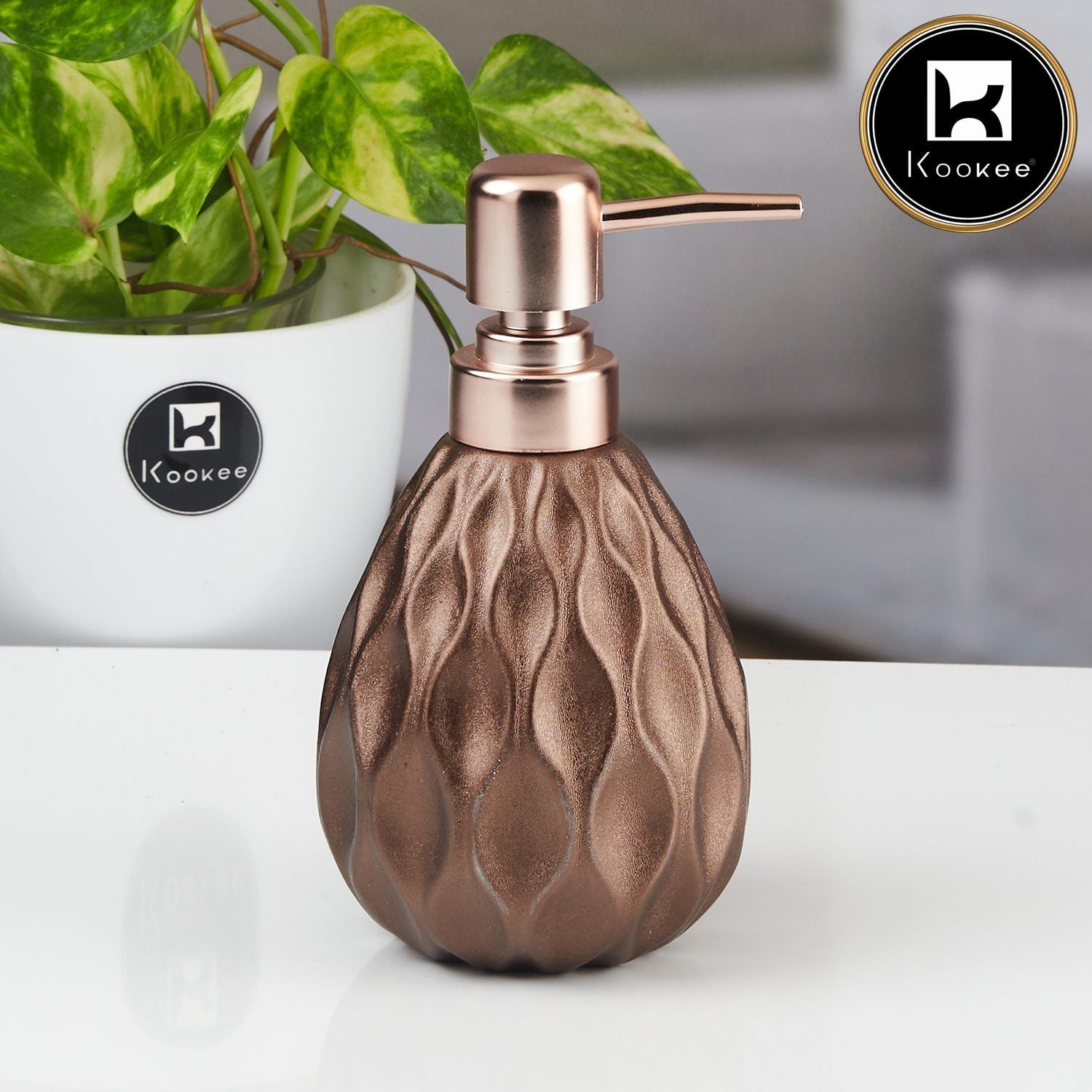 Kookee Ceramic Soap Dispenser with Stylish Refillable Pump Bottle for Bathroom Handwash & Kitchen Wash Basin, Perfect for Hand Soap, Lotion, and more, Brown,