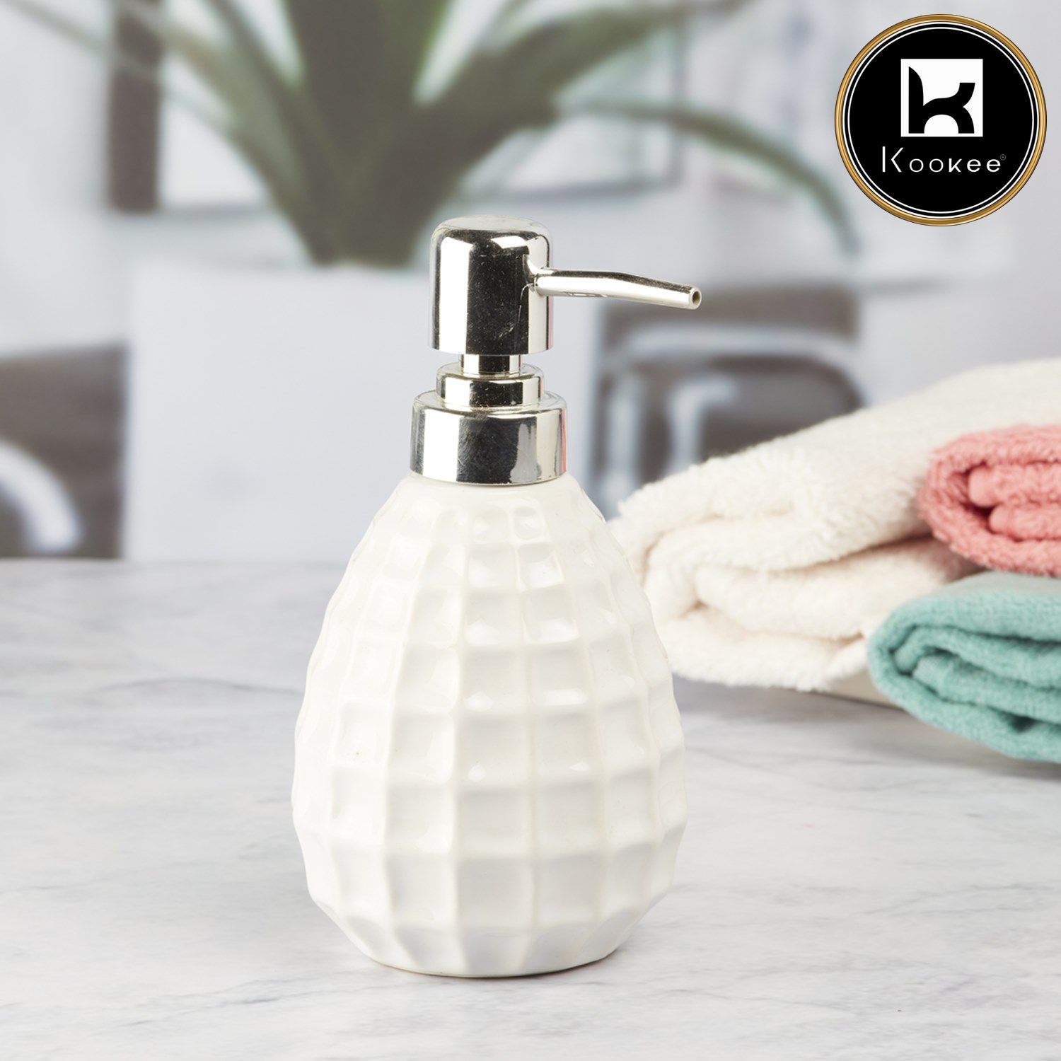 Kookee Ceramic Soap Dispenser with Stylish Refillable Pump Bottle for Bathroom Handwash & Kitchen Wash Basin, Perfect for Hand Soap, Lotion, and more, White,