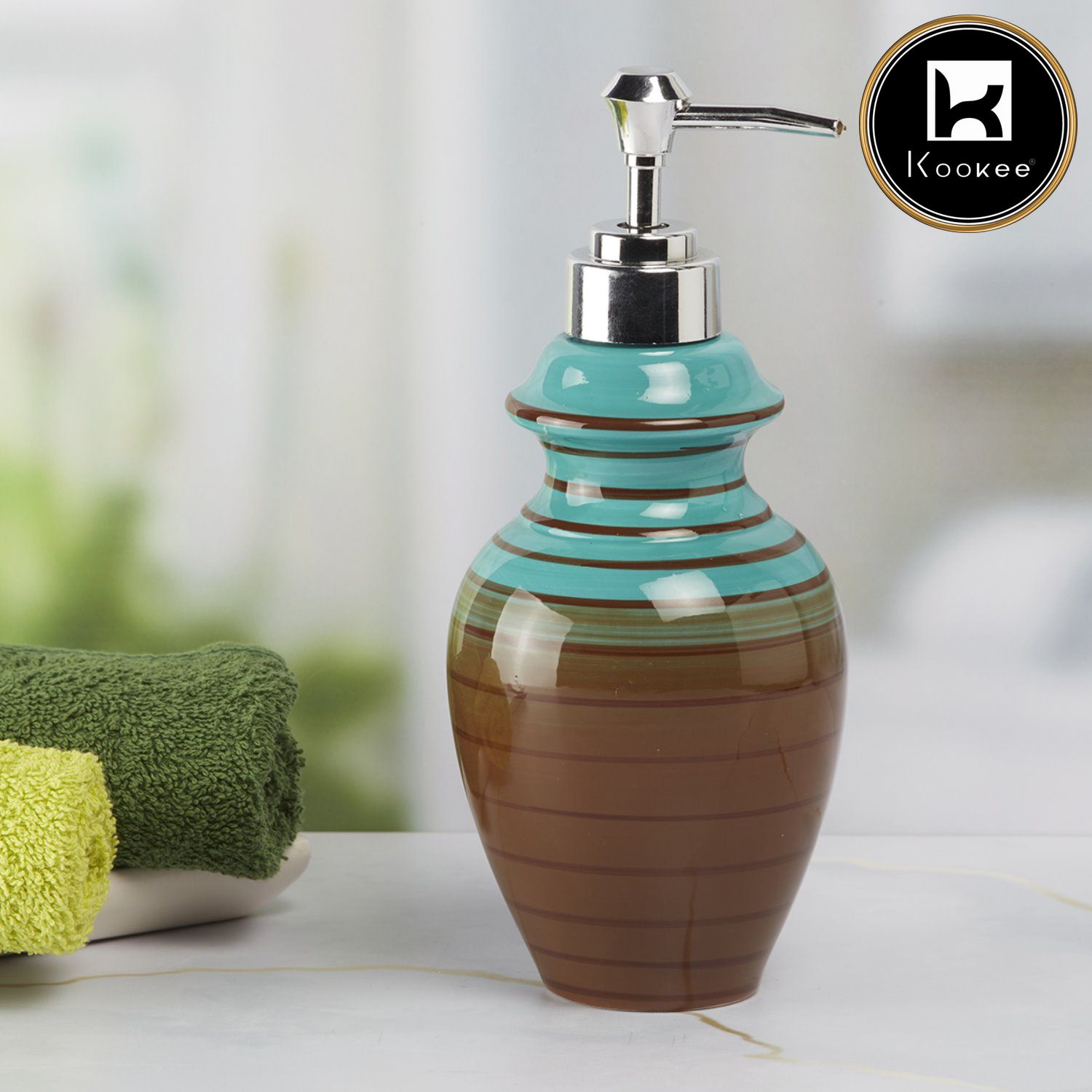 Ceramic Soap Dispenser for handwash for Bathroom, Brown/Blue (Set of 1) (7638)
