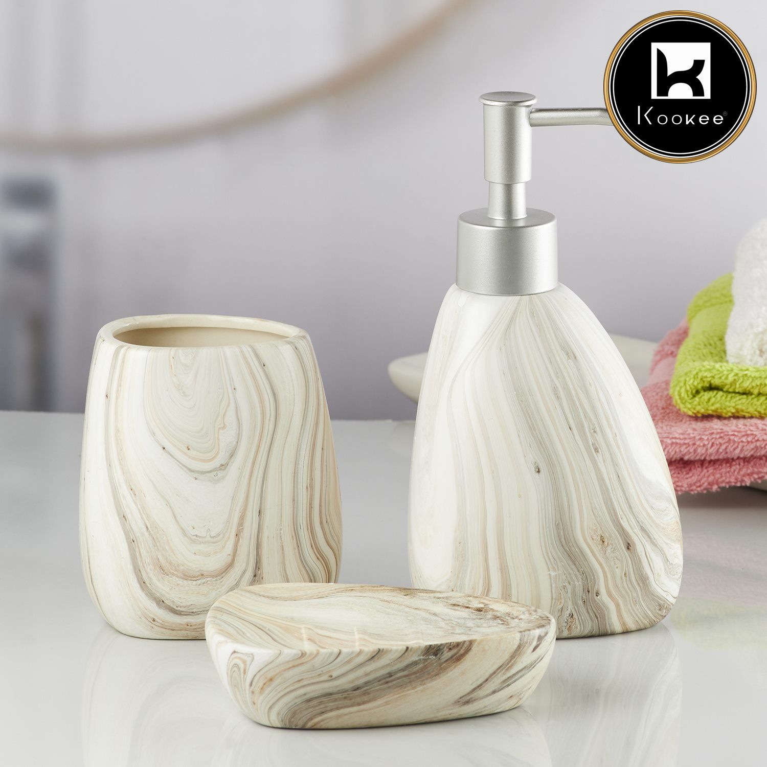 Kookee Ceramic Bathroom Accessories Set of 3, Modern Bath Set with Liquid handwash Soap Dispenser and Toothbrush holder, Luxury Gift Accessory for Home, Stone