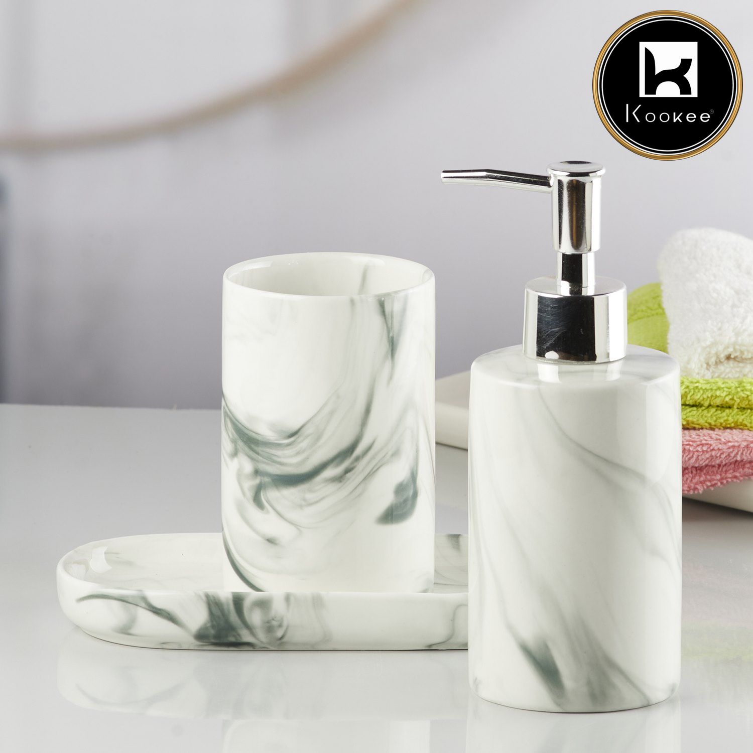 Ceramic Bathroom Set of 3 with Soap Dispenser, White (V-CBS-017-1)