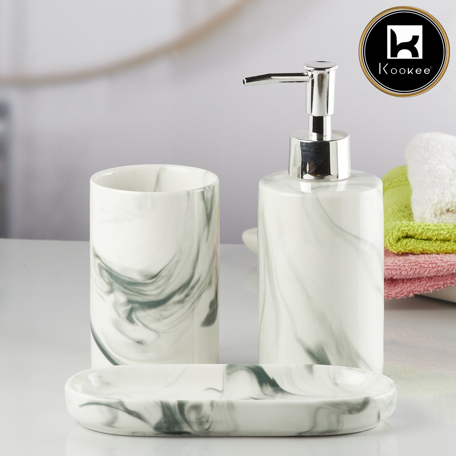 Ceramic Bathroom Set of 3 with Soap Dispenser, White (V-CBS-017-1)