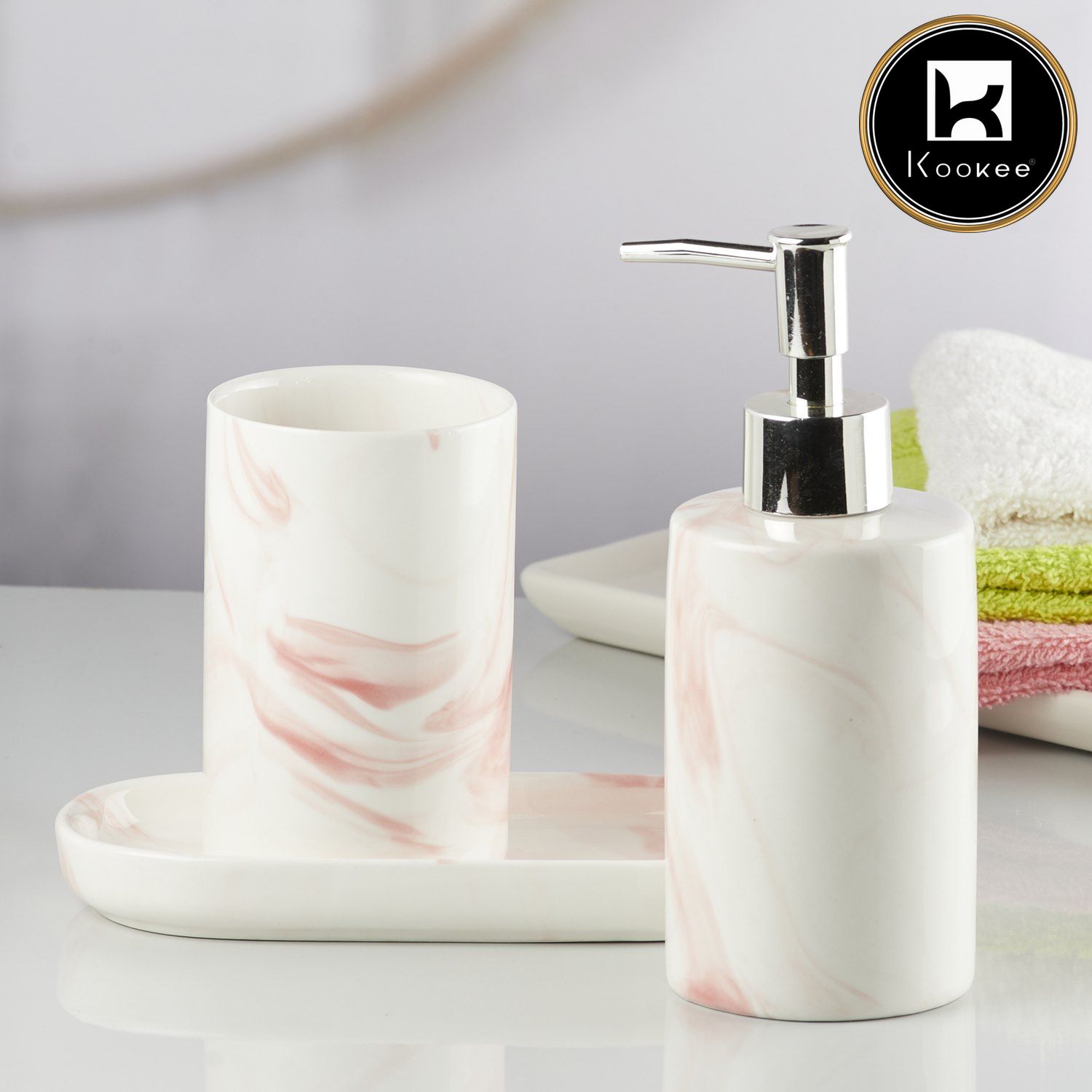 Ceramic Bathroom Accessories Set of 3 with Soap Dispenser, White (7648)