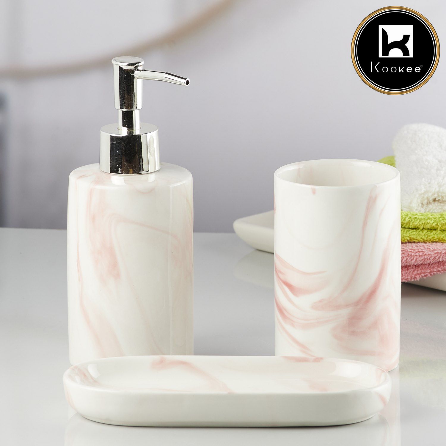 Ceramic Bathroom Accessories Set of 3 with Soap Dispenser, White (7648)