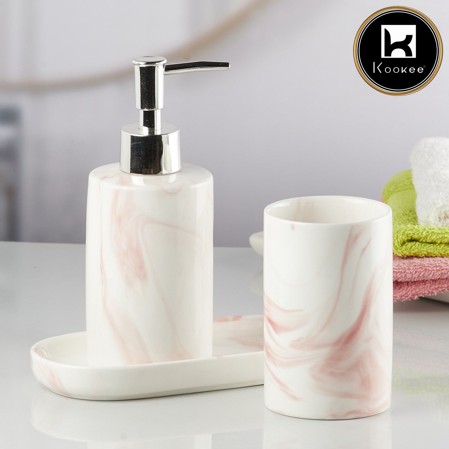 Kookee Ceramic Bathroom Accessories Set of 3, Modern Bath Set with Liquid handwash Soap Dispenser and Toothbrush holder, Luxury Gift Accessory for Home, White/Pink