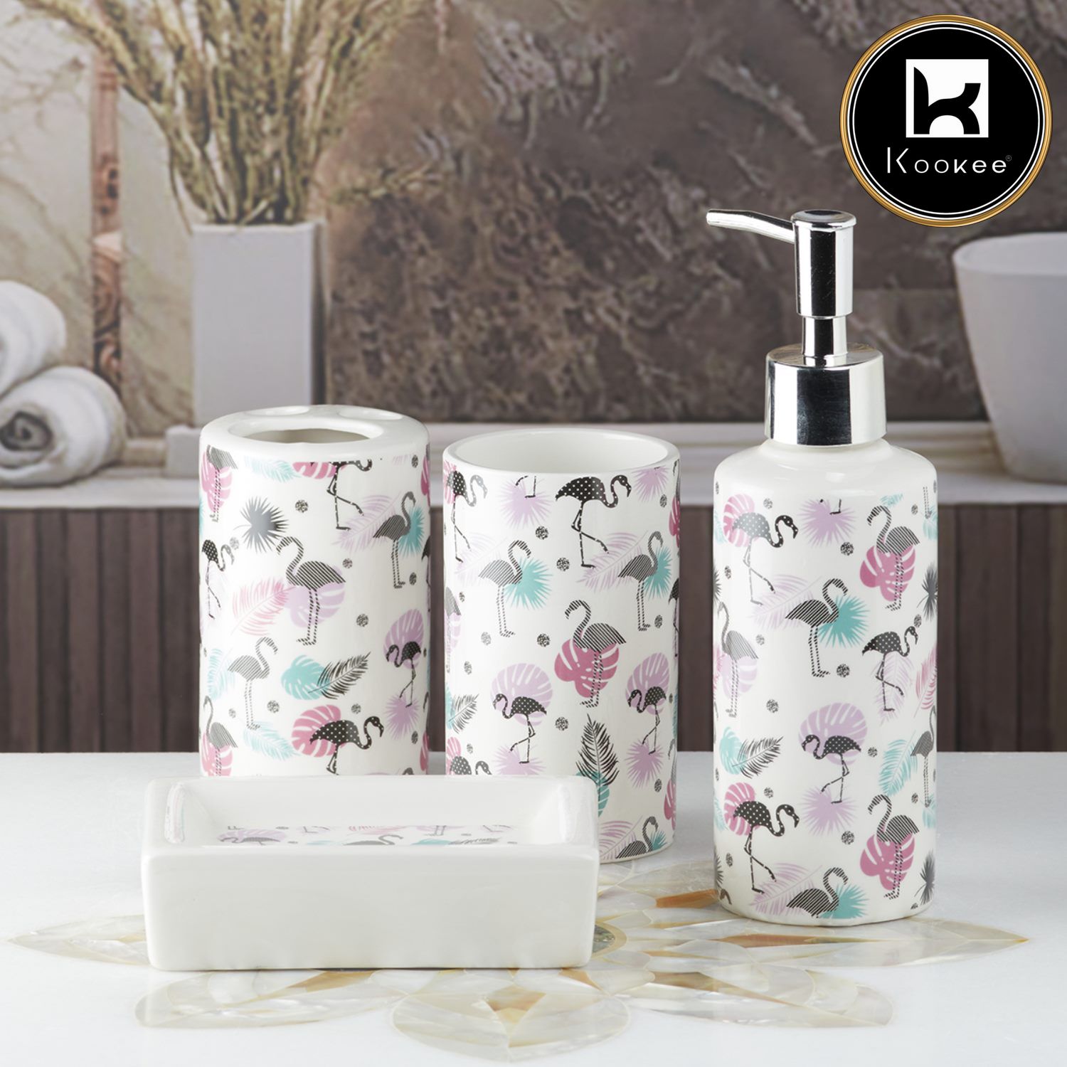 Ceramic Bathroom Set of 4 with Soap Dispenser (7653)