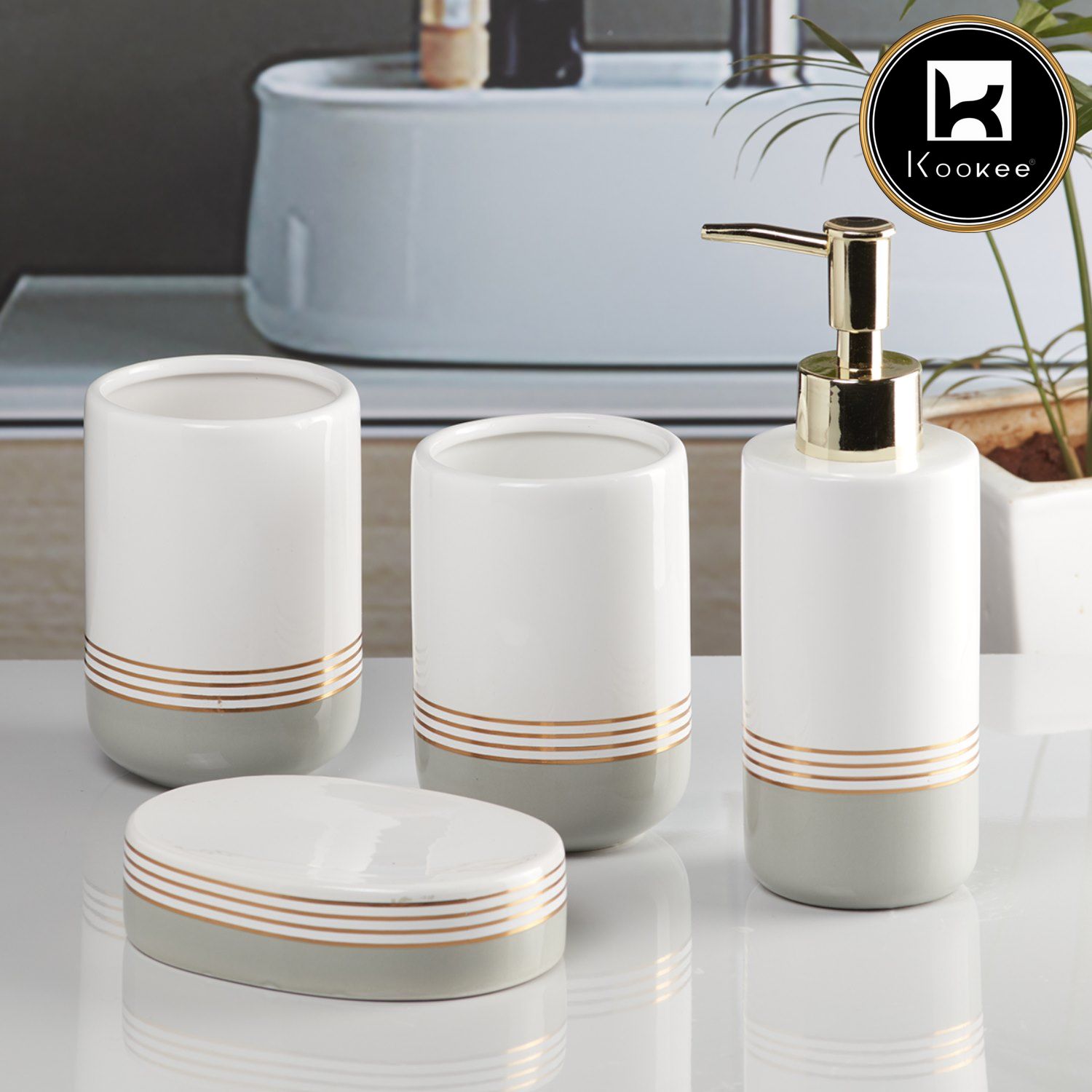 Ceramic Bathroom Set of 4 with Soap Dispenser (7654)