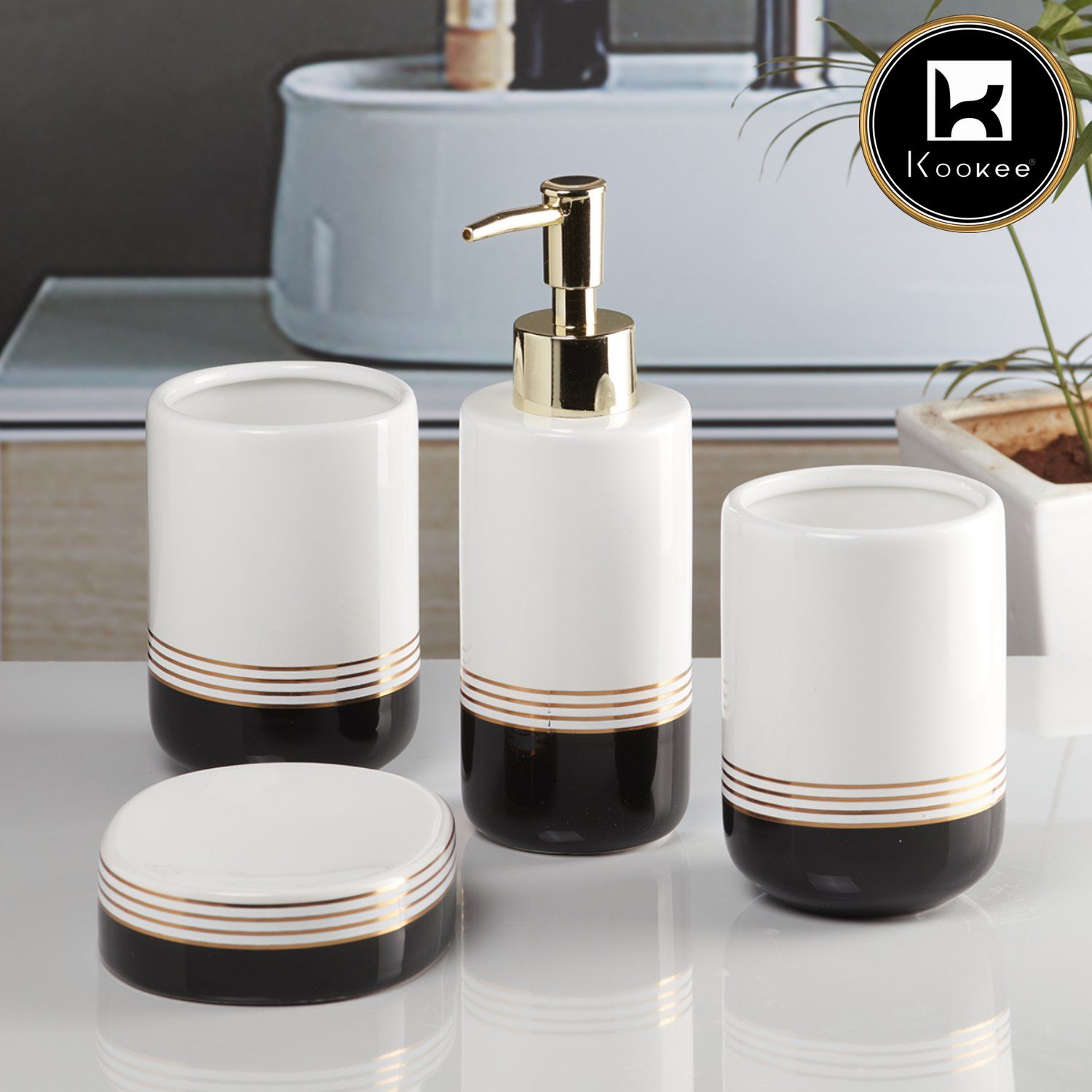 Ceramic Bathroom Set of 4 with Soap Dispenser (7656)