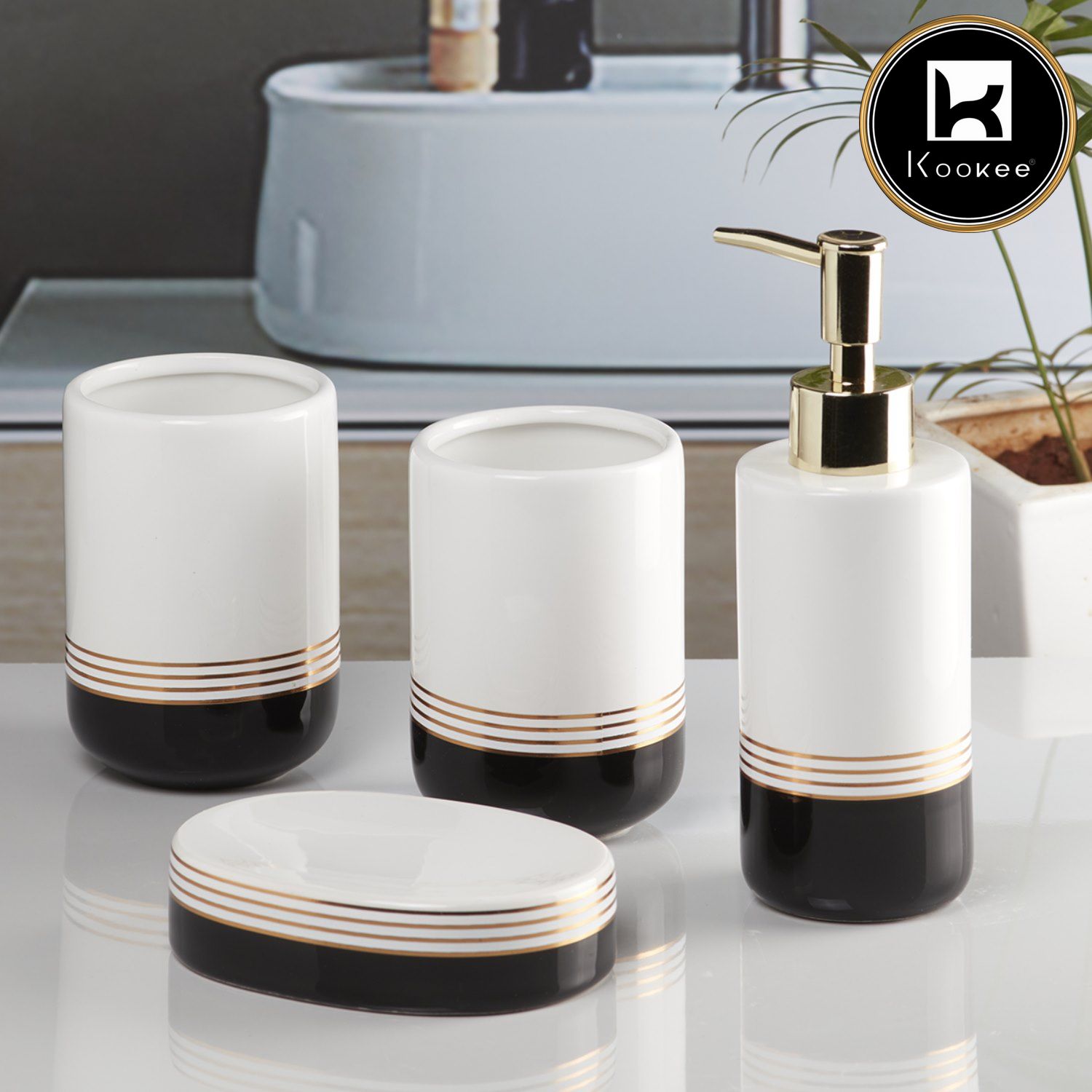 Ceramic Bathroom Set of 4 with Soap Dispenser (7656)