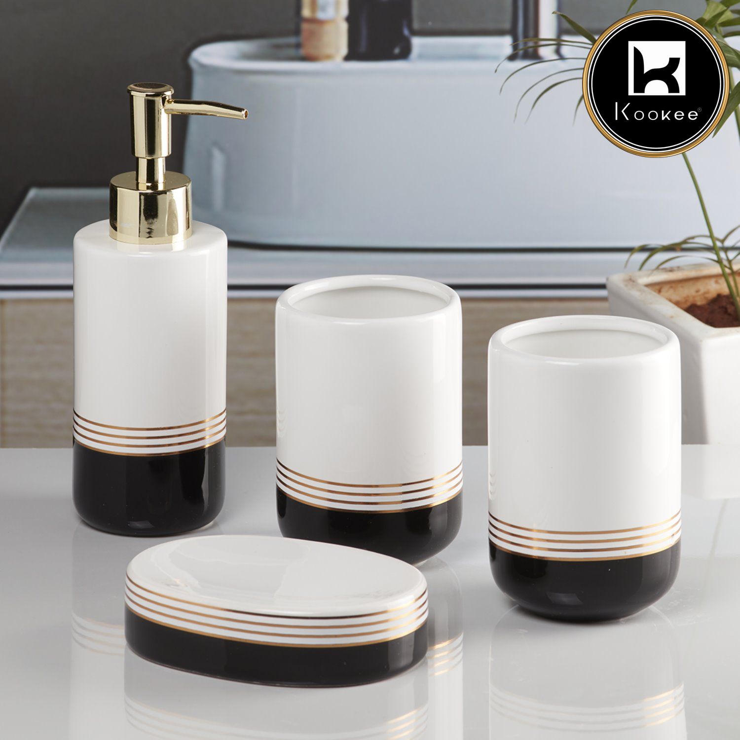 Ceramic Bathroom Set of 4 with Soap Dispenser (7656)