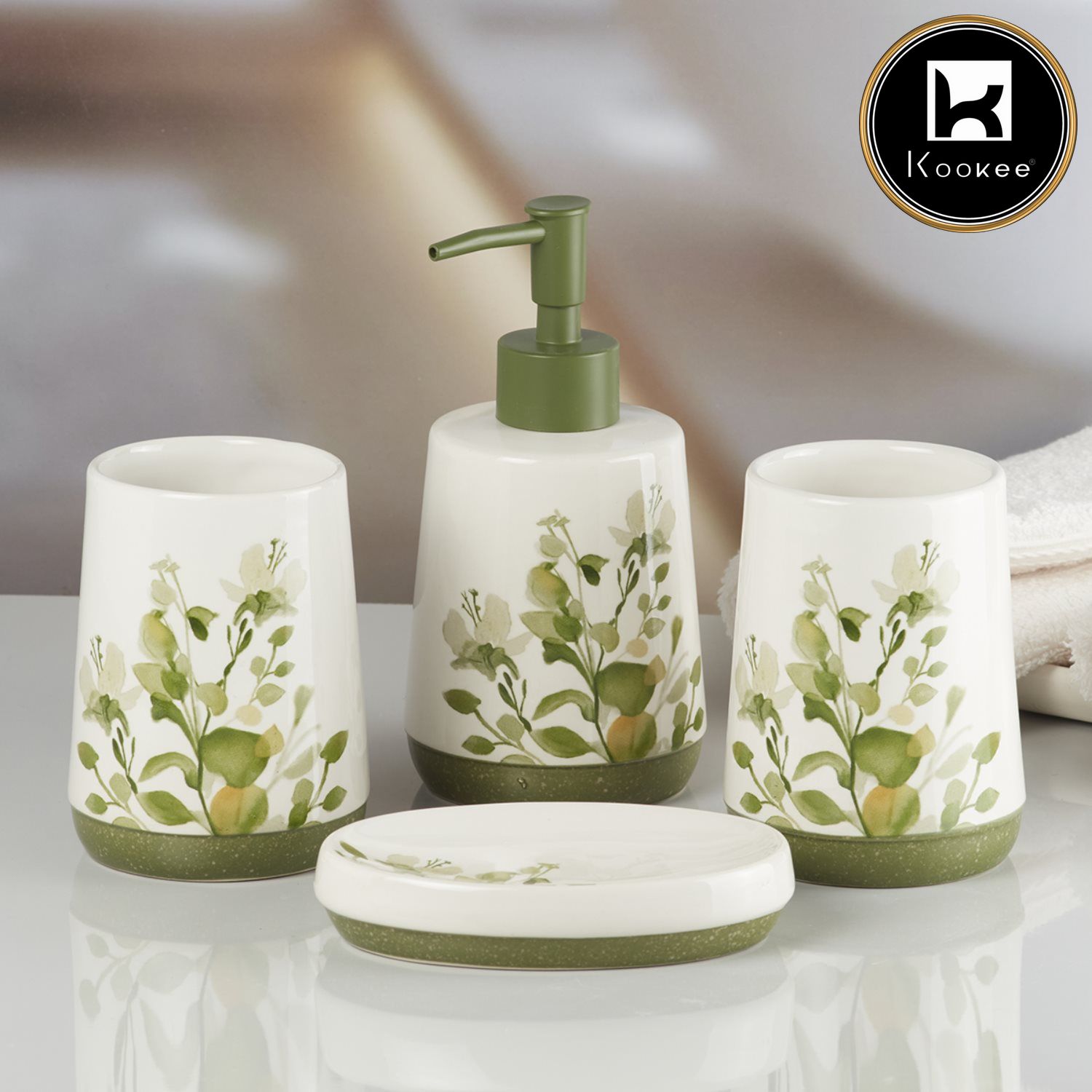 Ceramic Bathroom Set of 4 with Soap Dispenser (7657)