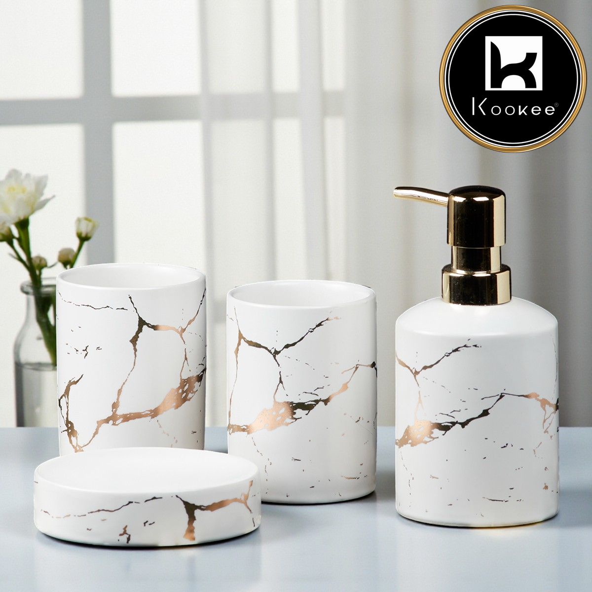 Ceramic Bathroom Set of 4 with Soap Dispenser (7660)