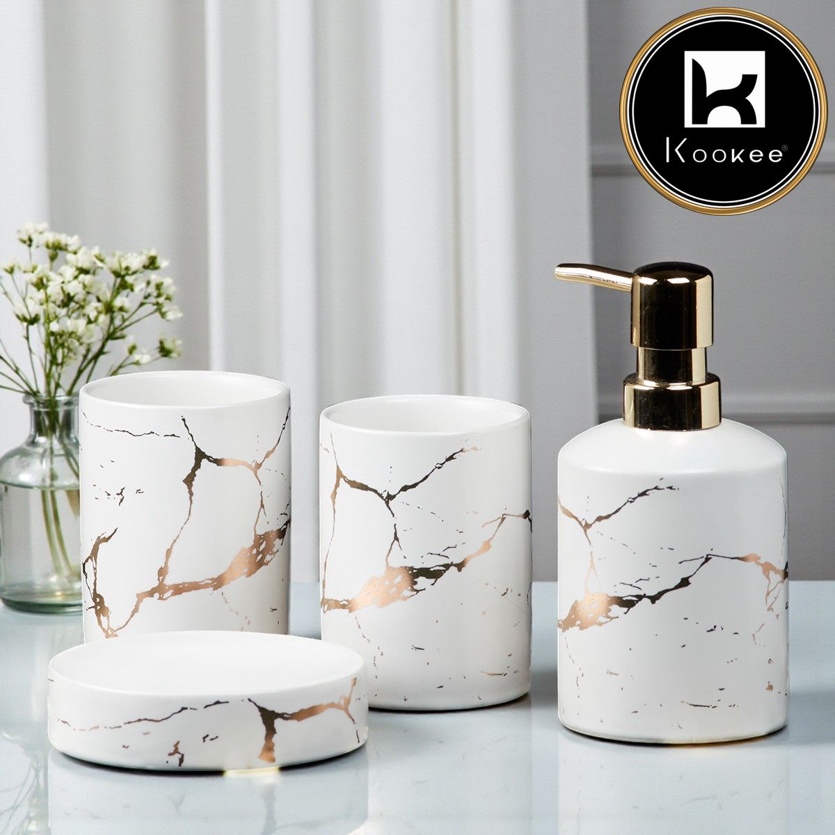 Ceramic Bathroom Set of 4 with Soap Dispenser (7660)