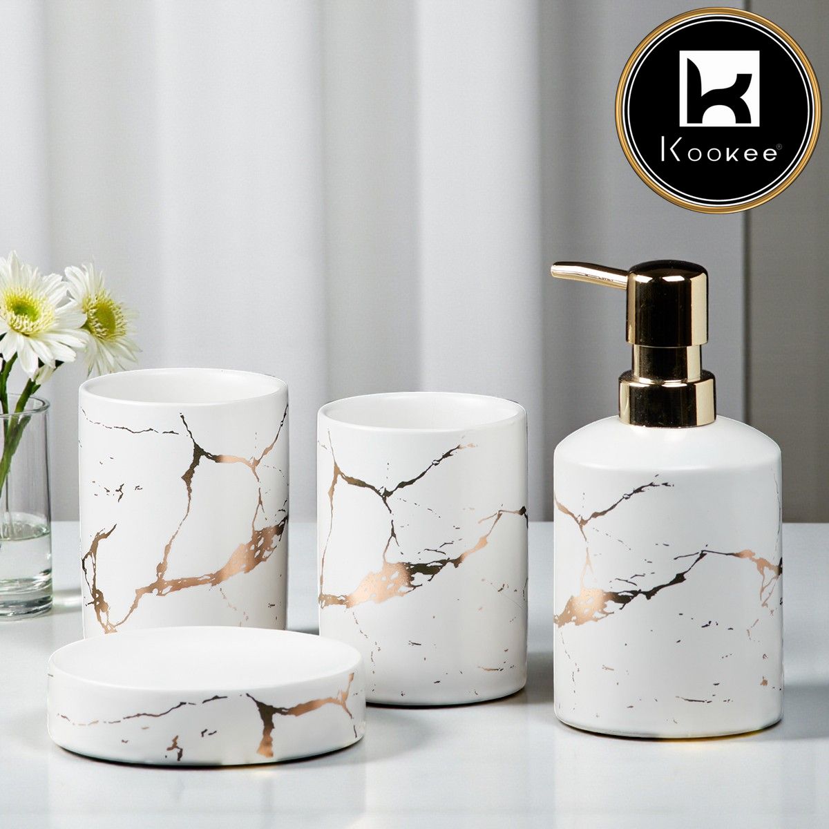 Ceramic Bathroom Set of 4 with Soap Dispenser (7660)