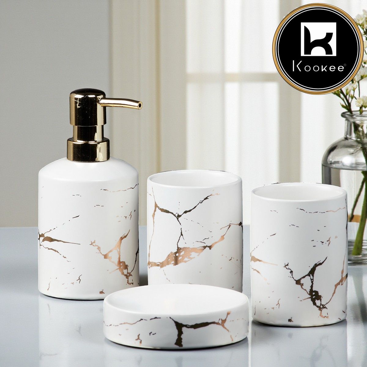 Kookee Ceramic Bathroom Set of 4 with Soap Dispenser (7660)