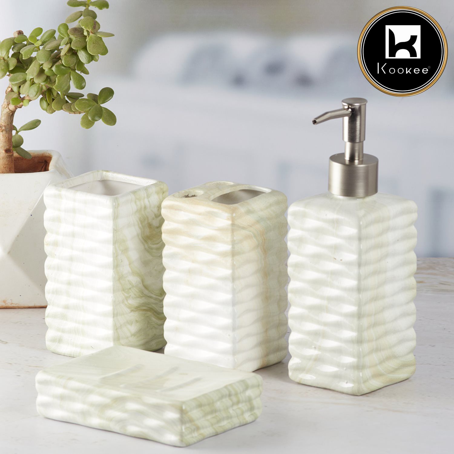 Kookee Ceramic Bathroom Accessories Set of 4, Modern Bath Set with Liquid handwash Soap Dispenser and Toothbrush holder, Luxury Gift Accessory for Home, Pista Green/Off White