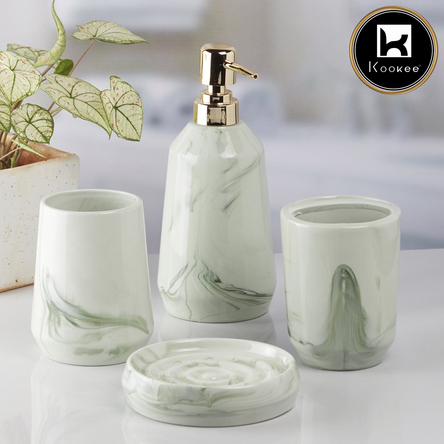 Ceramic Bathroom Set of 4 with Soap Dispenser (7713)