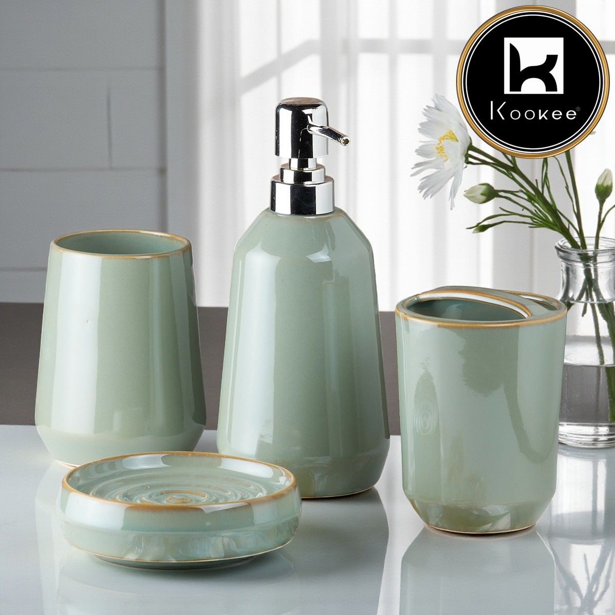 Ceramic Bathroom Set of 4 with Soap Dispenser (7714)