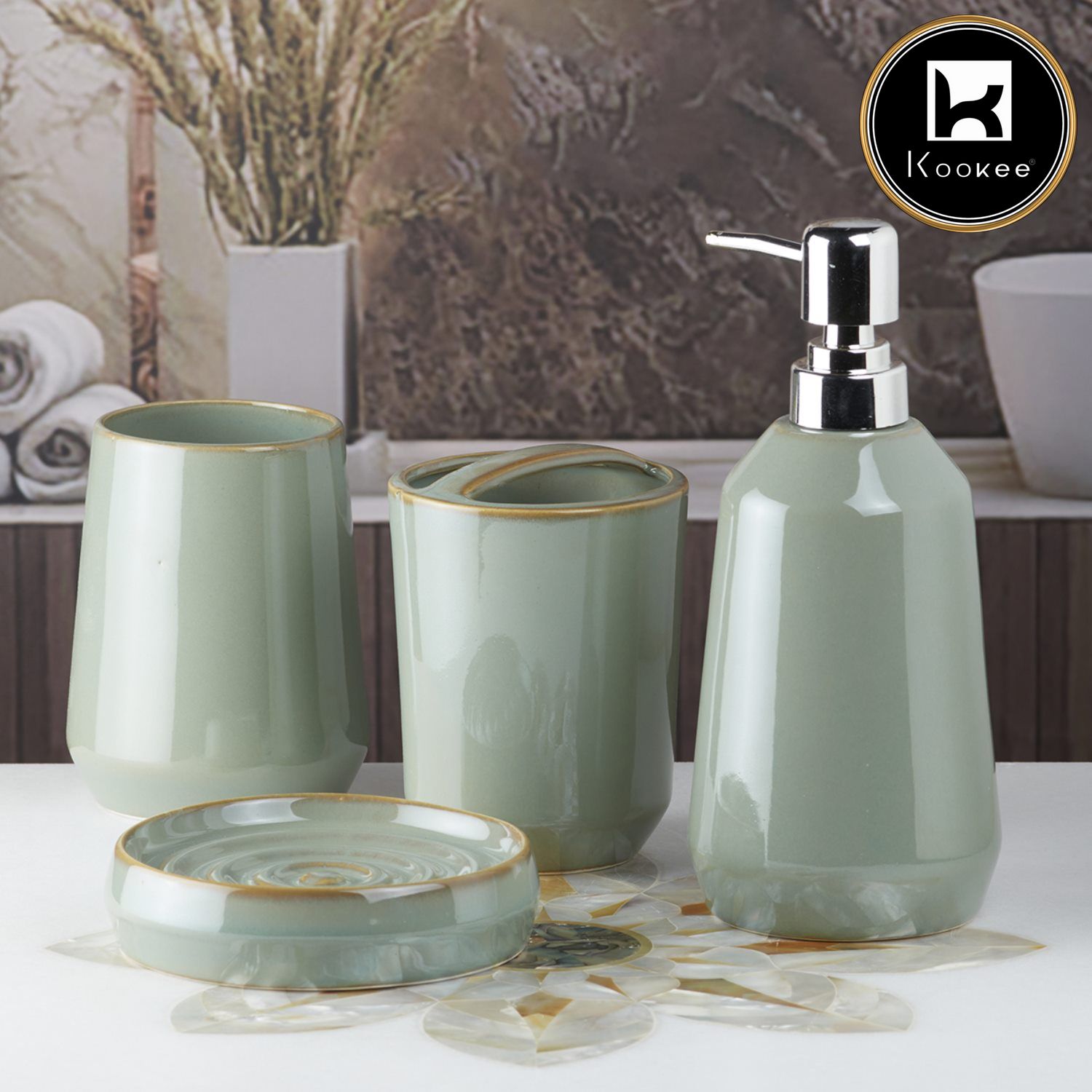 Ceramic Bathroom Set of 4 with Soap Dispenser (7714)