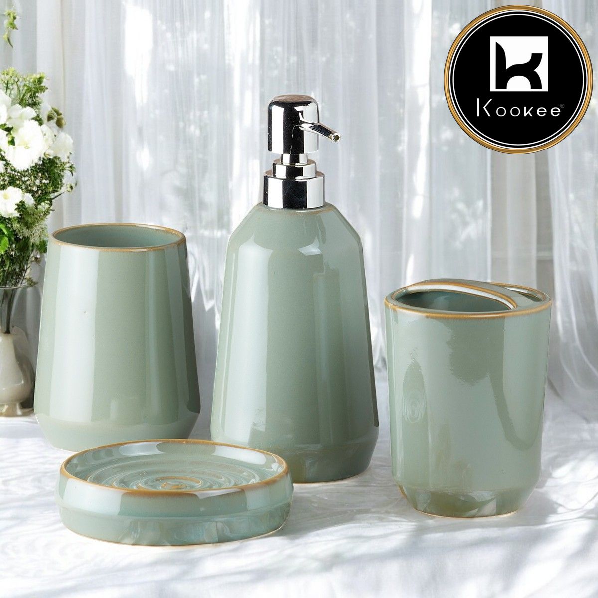 Ceramic Bathroom Set of 4 with Soap Dispenser (7714)