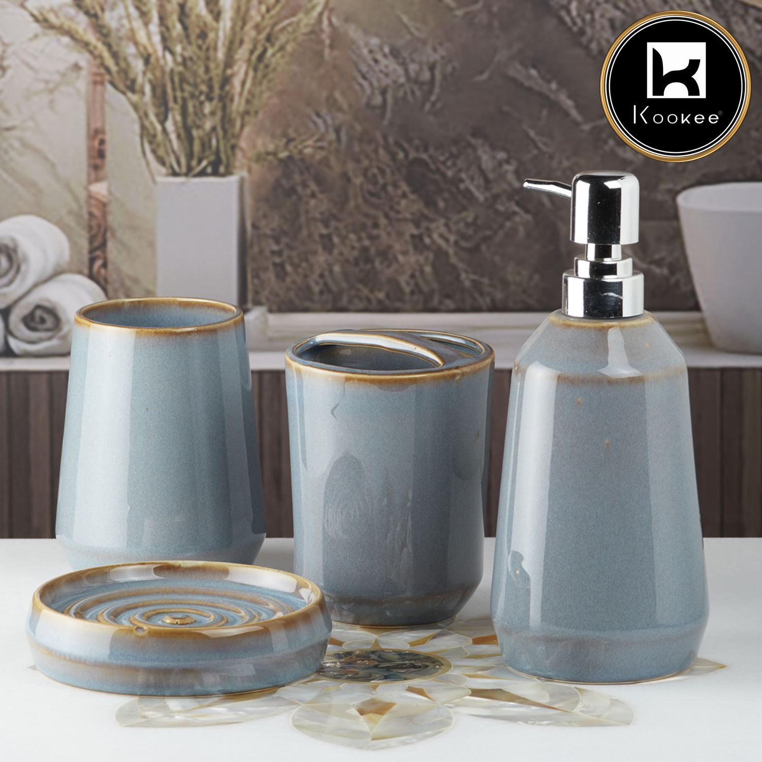 Ceramic Bathroom Set of 4 with Soap Dispenser (7715)