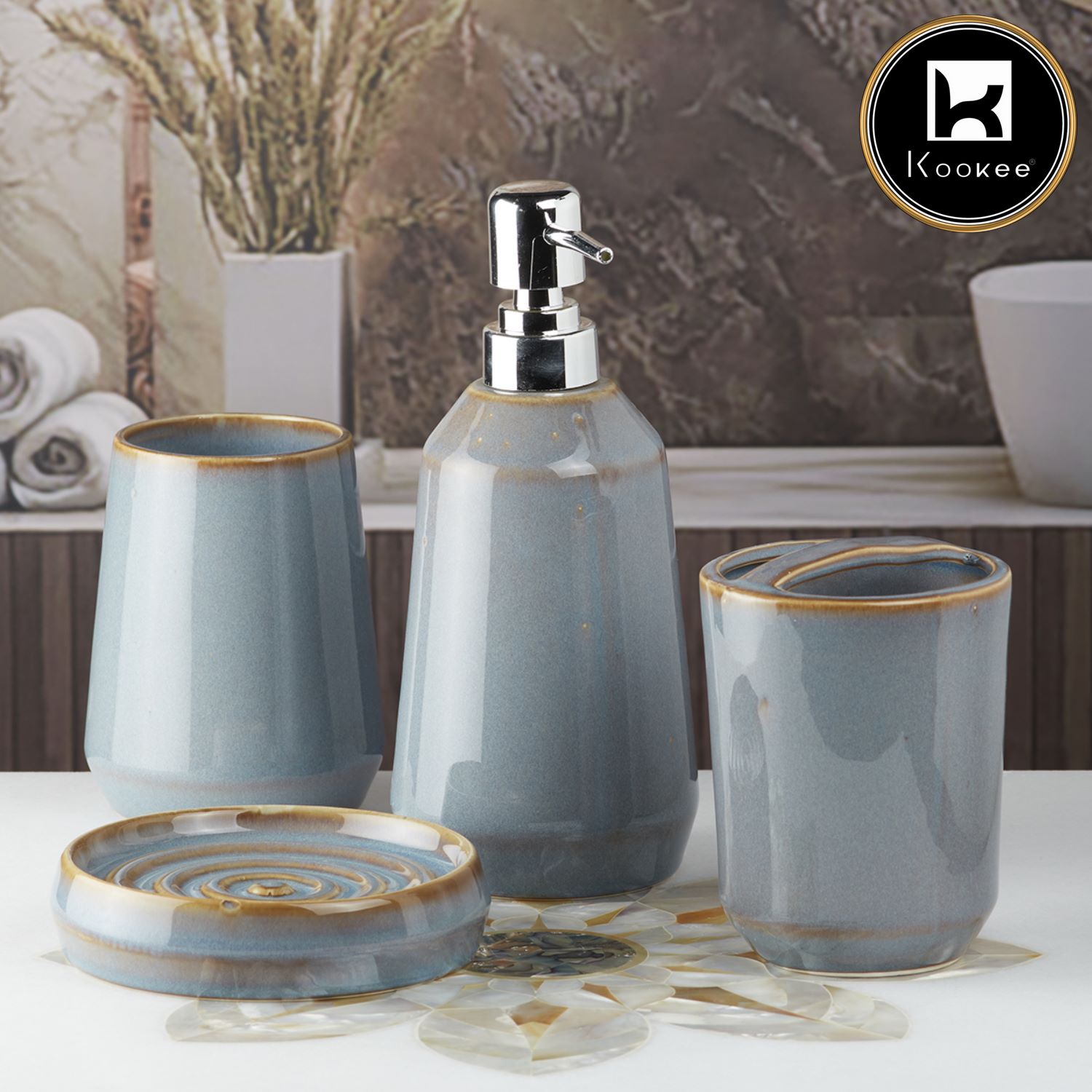 Ceramic Bathroom Set of 4 with Soap Dispenser (7715)