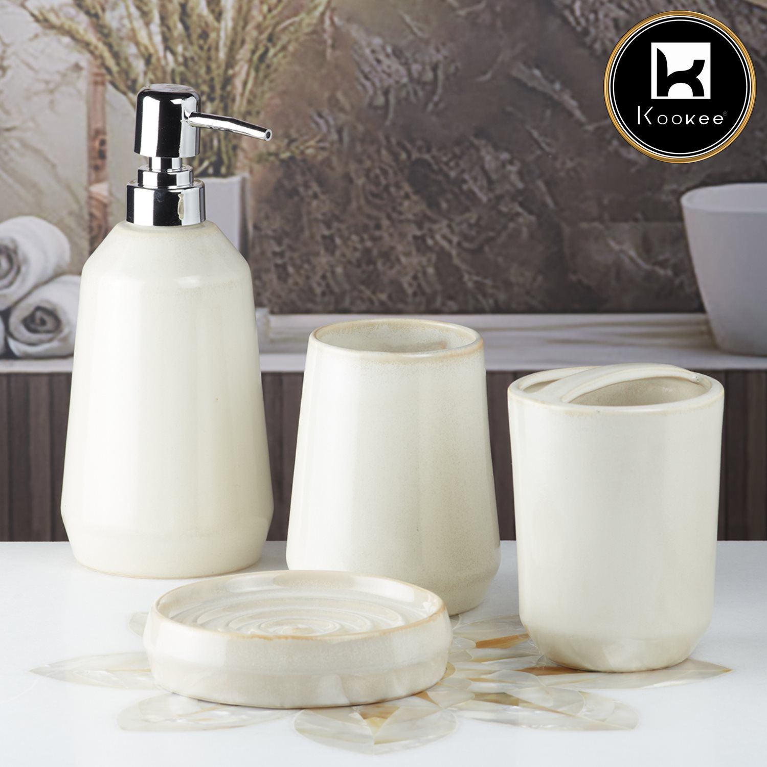 Ceramic Bathroom Set of 4 with Soap Dispenser (7716)