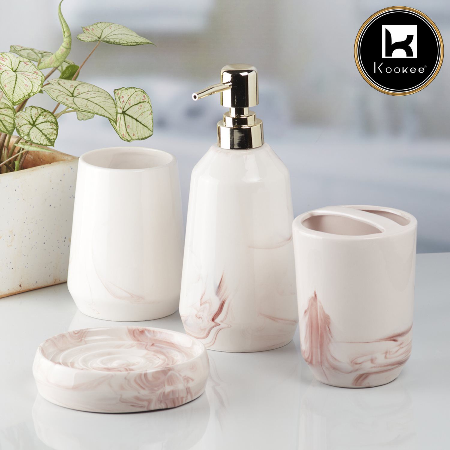 Ceramic Bathroom Accessories Set of 4 with Soap Dispenser (7941)