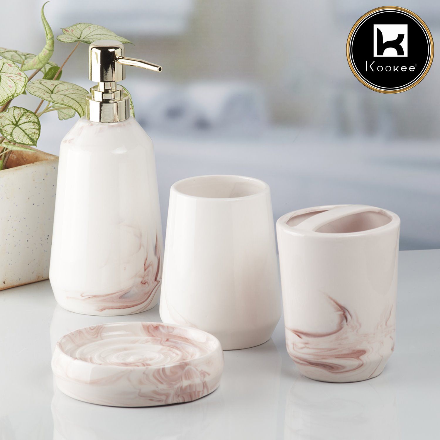 Kookee Ceramic Bathroom Accessories Set of 4, Modern Bath Set with Liquid handwash Soap Dispenser and Toothbrush holder, Luxury Gift Accessory for Home, Pink