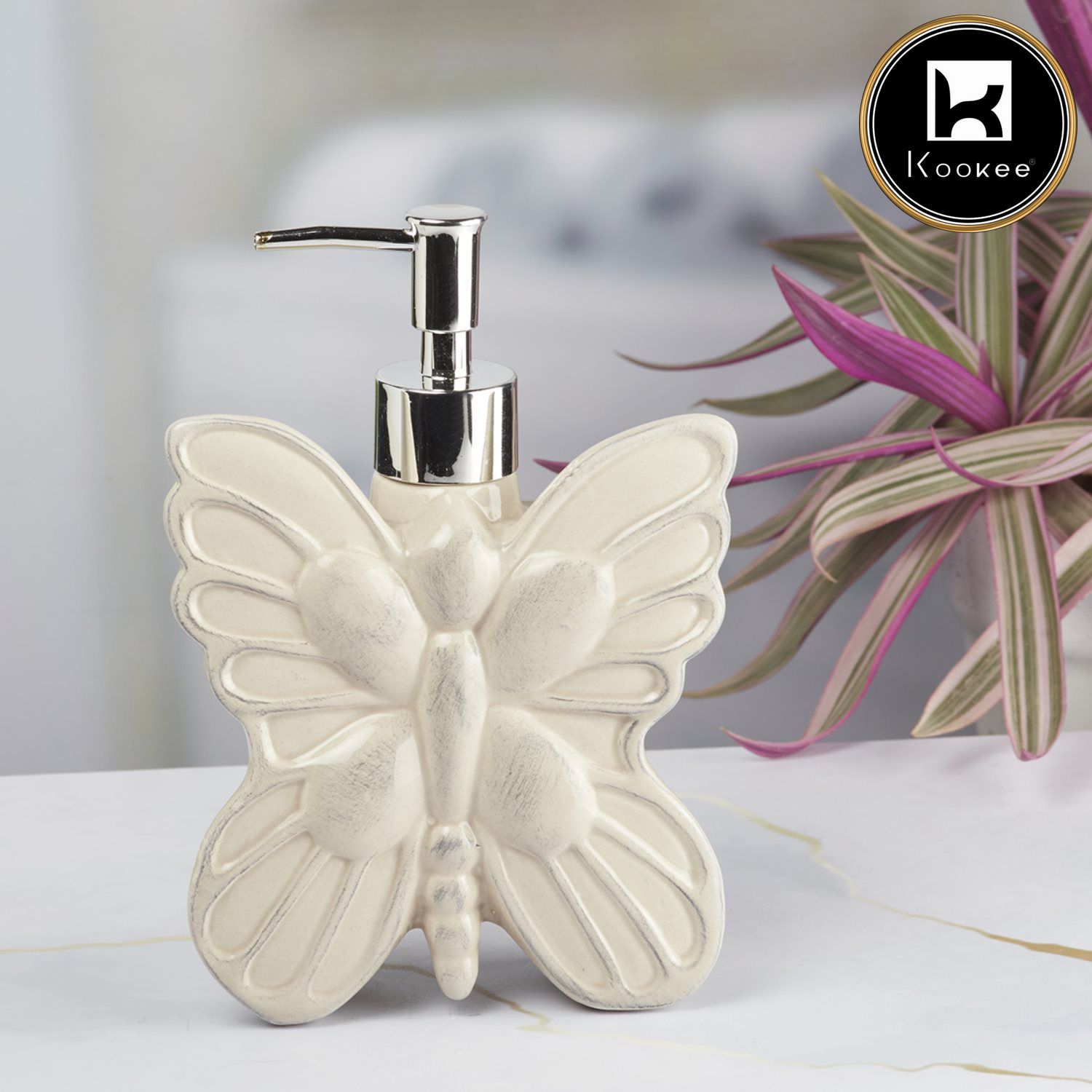 Kookee Ceramic Soap Dispenser with Stylish Refillable Pump Bottle for Bathroom Handwash & Kitchen Wash Basin, Perfect for Hand Soap, Lotion, and more, Beige,