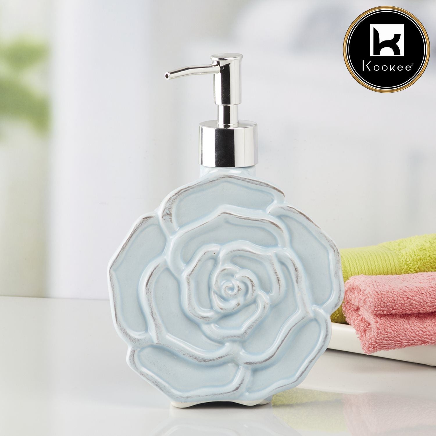 Kookee Ceramic Soap Dispenser with Stylish Refillable Pump Bottle for Bathroom Handwash & Kitchen Wash Basin, Perfect for Hand Soap, Lotion, and more, Blue,