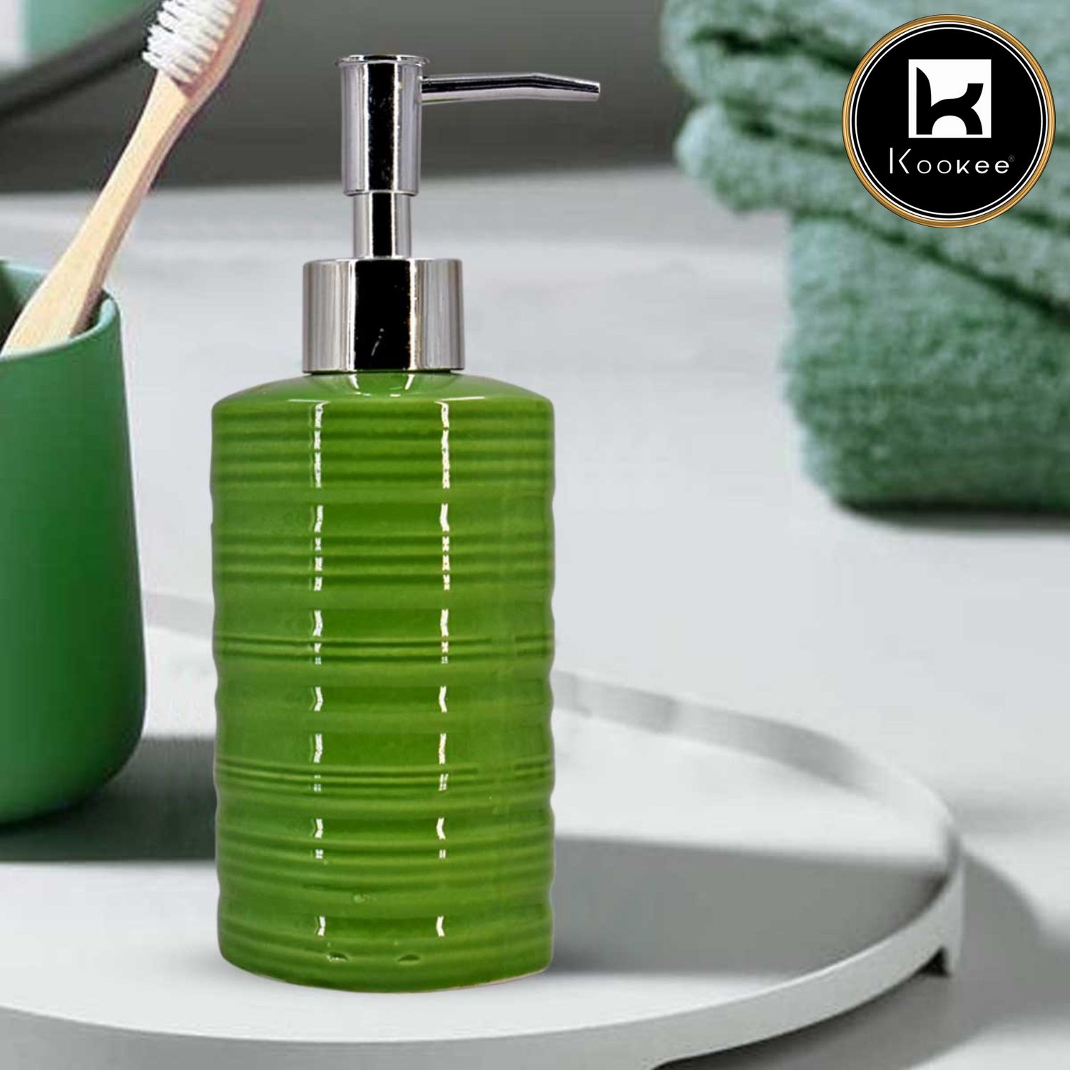 Kookee Ceramic Soap Dispenser with Stylish Refillable Pump Bottle for Bathroom Handwash & Kitchen Wash Basin, Perfect for Hand Soap, Lotion, and more, Green,