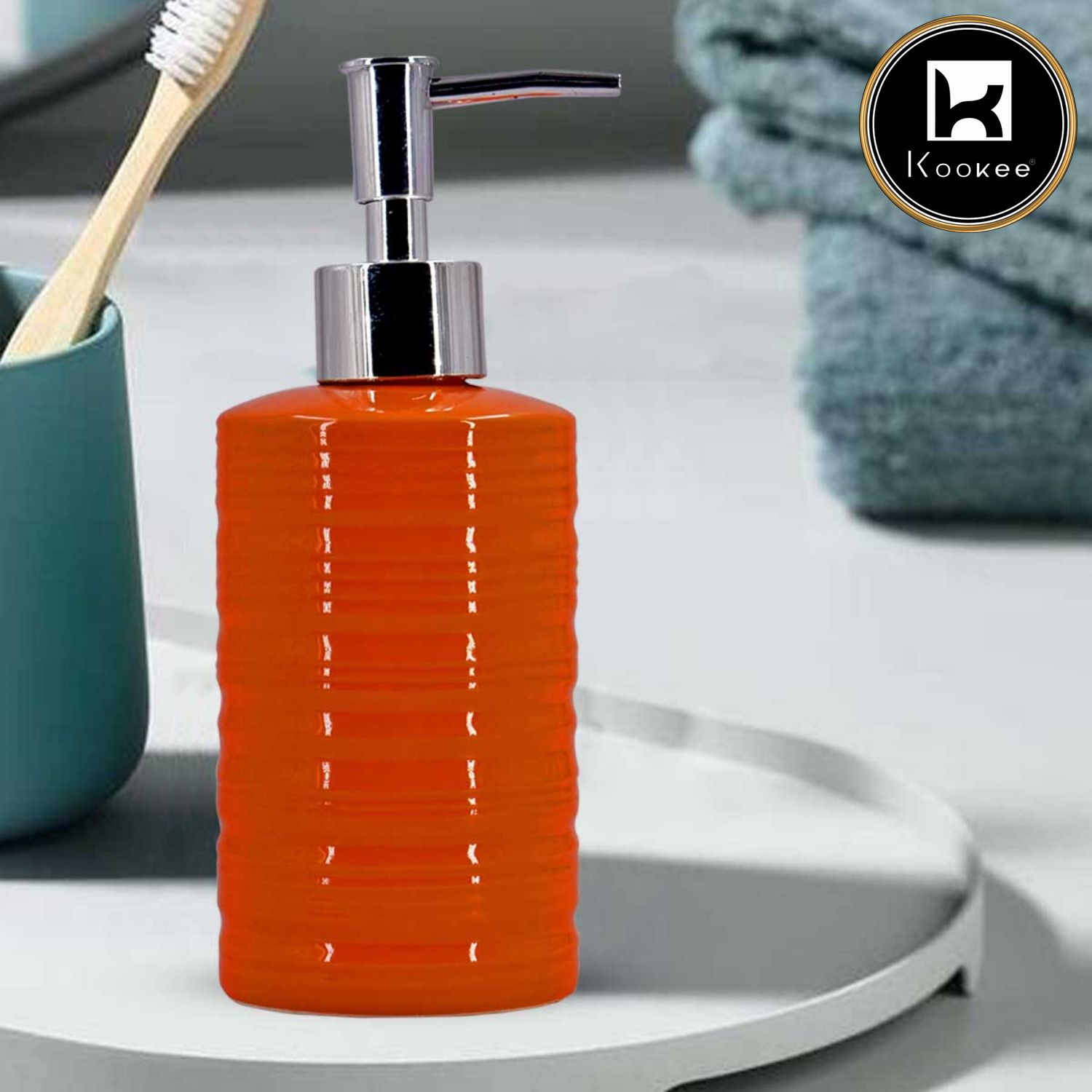 Kookee Ceramic Soap Dispenser with Stylish Refillable Pump Bottle for Bathroom Handwash & Kitchen Wash Basin, Perfect for Hand Soap, Lotion, and more, Orange,