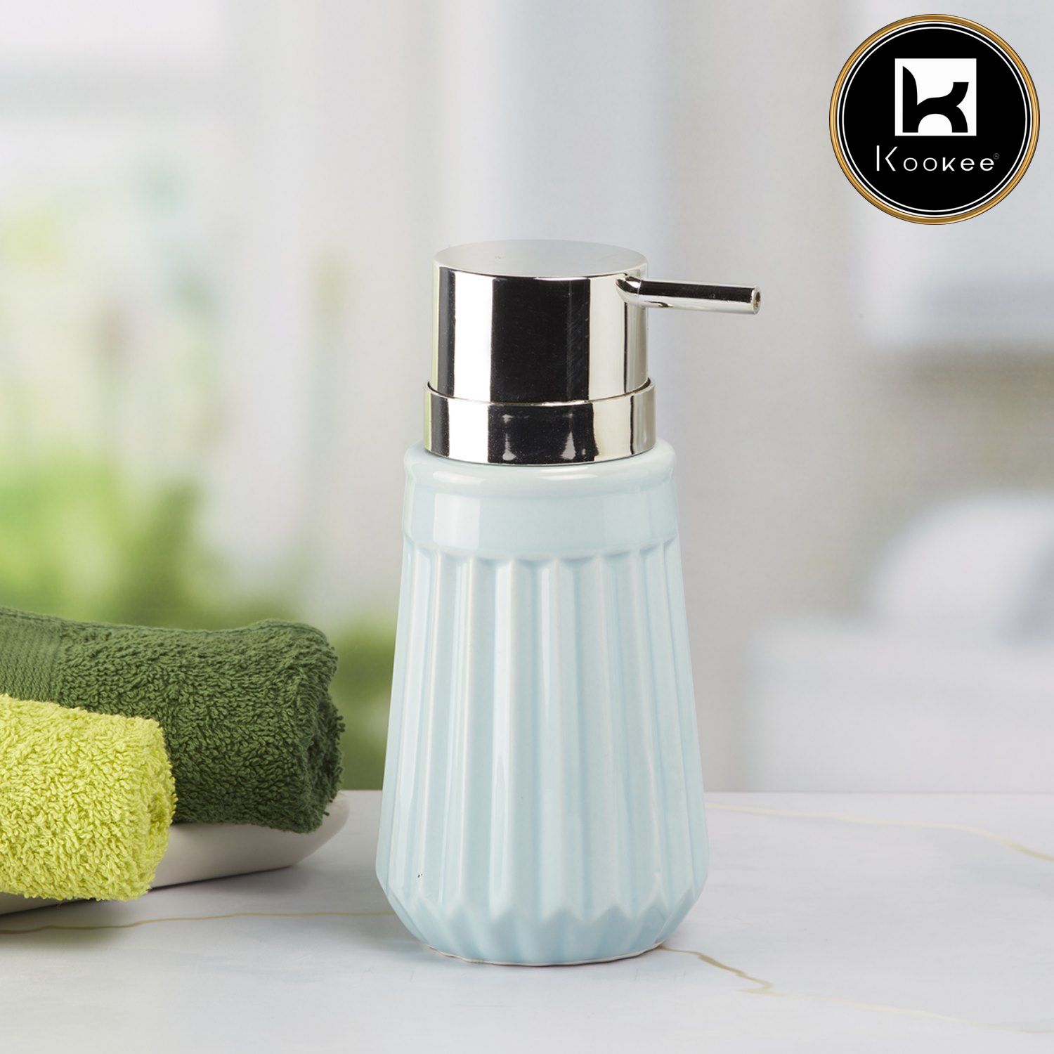 Kookee Ceramic Soap Dispenser with Stylish Refillable Pump Bottle for Bathroom Handwash & Kitchen Wash Basin, Perfect for Hand Soap, Lotion, and more, Blue,