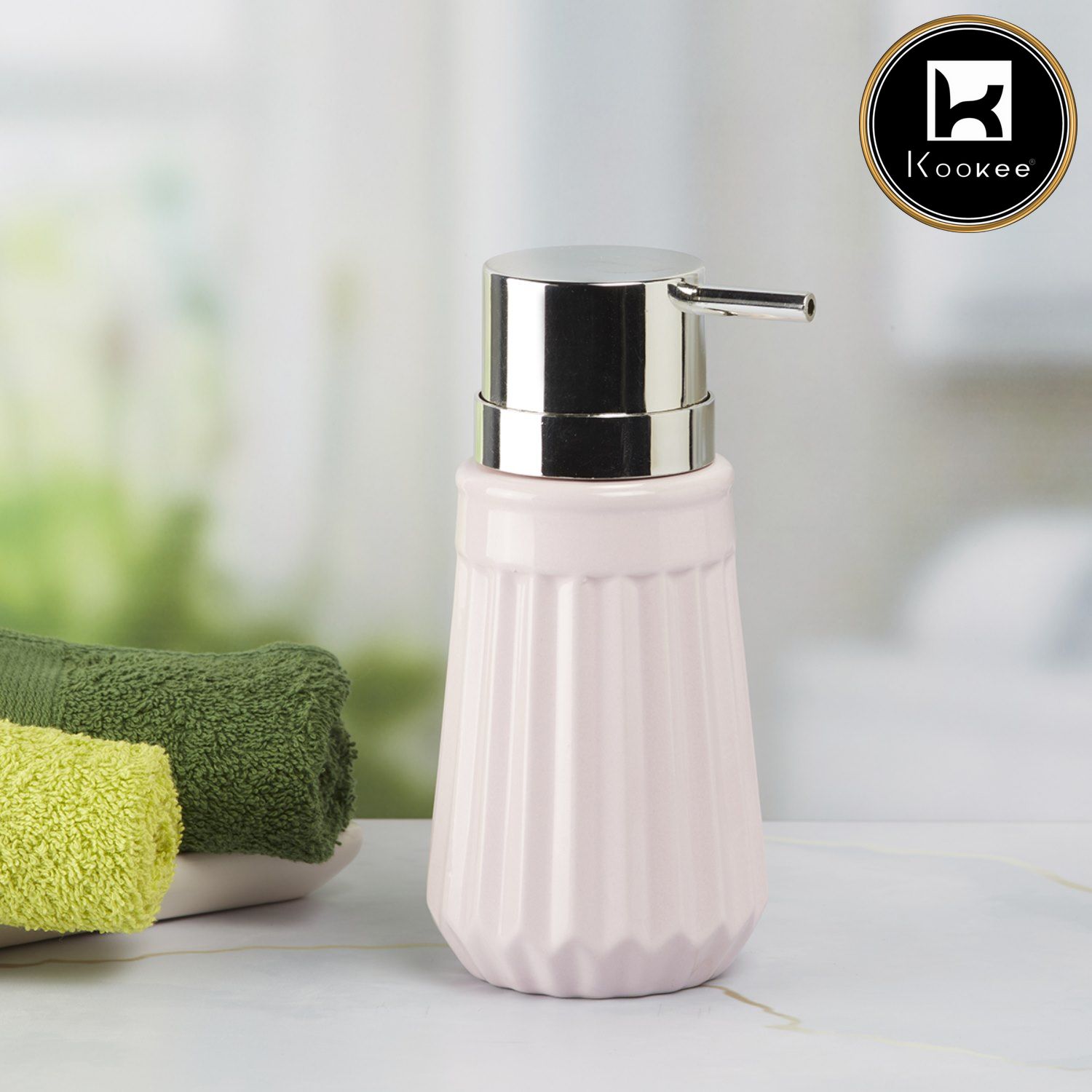 Kookee Ceramic Soap Dispenser with Stylish Refillable Pump Bottle for Bathroom Handwash & Kitchen Wash Basin, Perfect for Hand Soap, Lotion, and more, Pink,