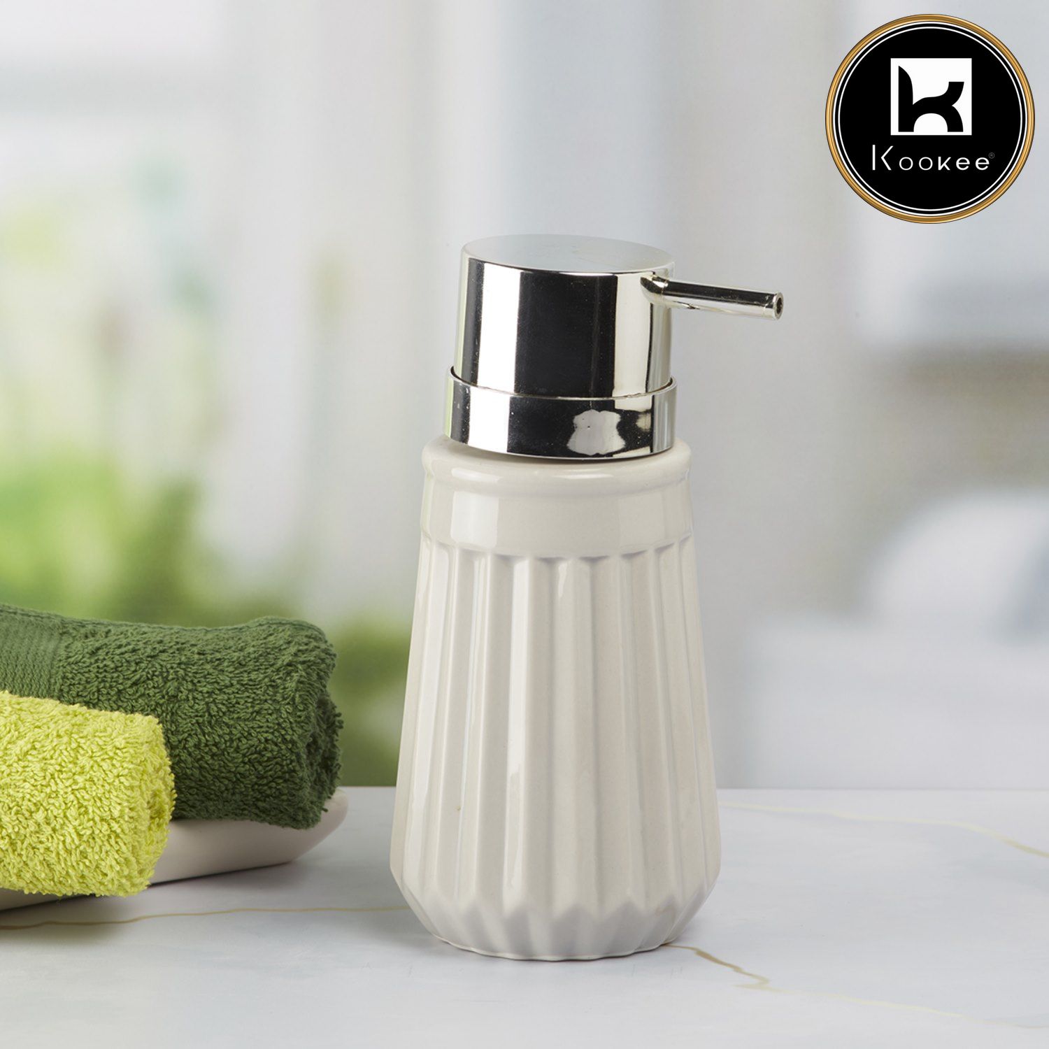 Kookee Ceramic Soap Dispenser with Stylish Refillable Pump Bottle for Bathroom Handwash & Kitchen Wash Basin, Perfect for Hand Soap, Lotion, and more, Grey,