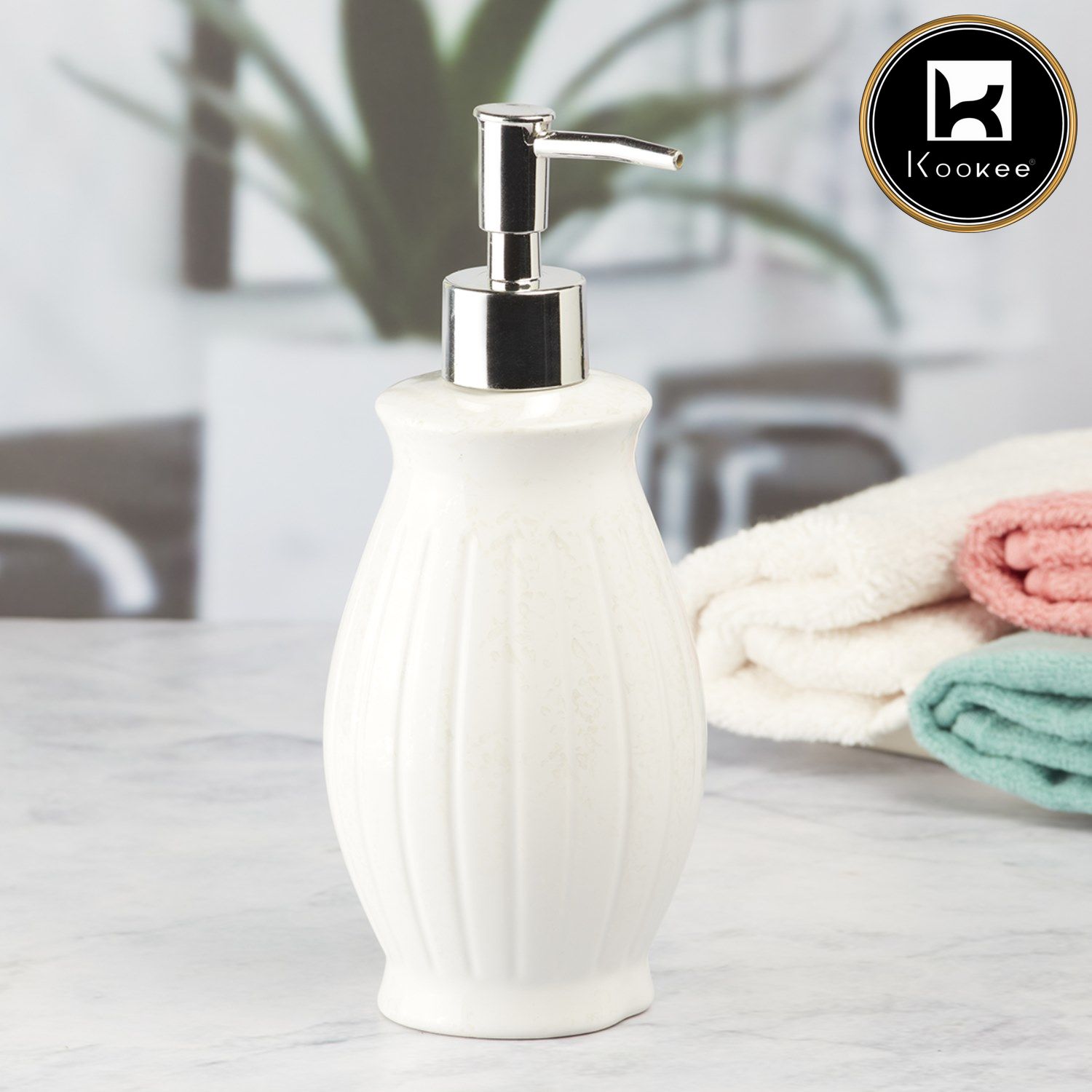 Kookee Ceramic Soap Dispenser with Stylish Refillable Pump Bottle for Bathroom Handwash & Kitchen Wash Basin, Perfect for Hand Soap, Lotion, and more, White,