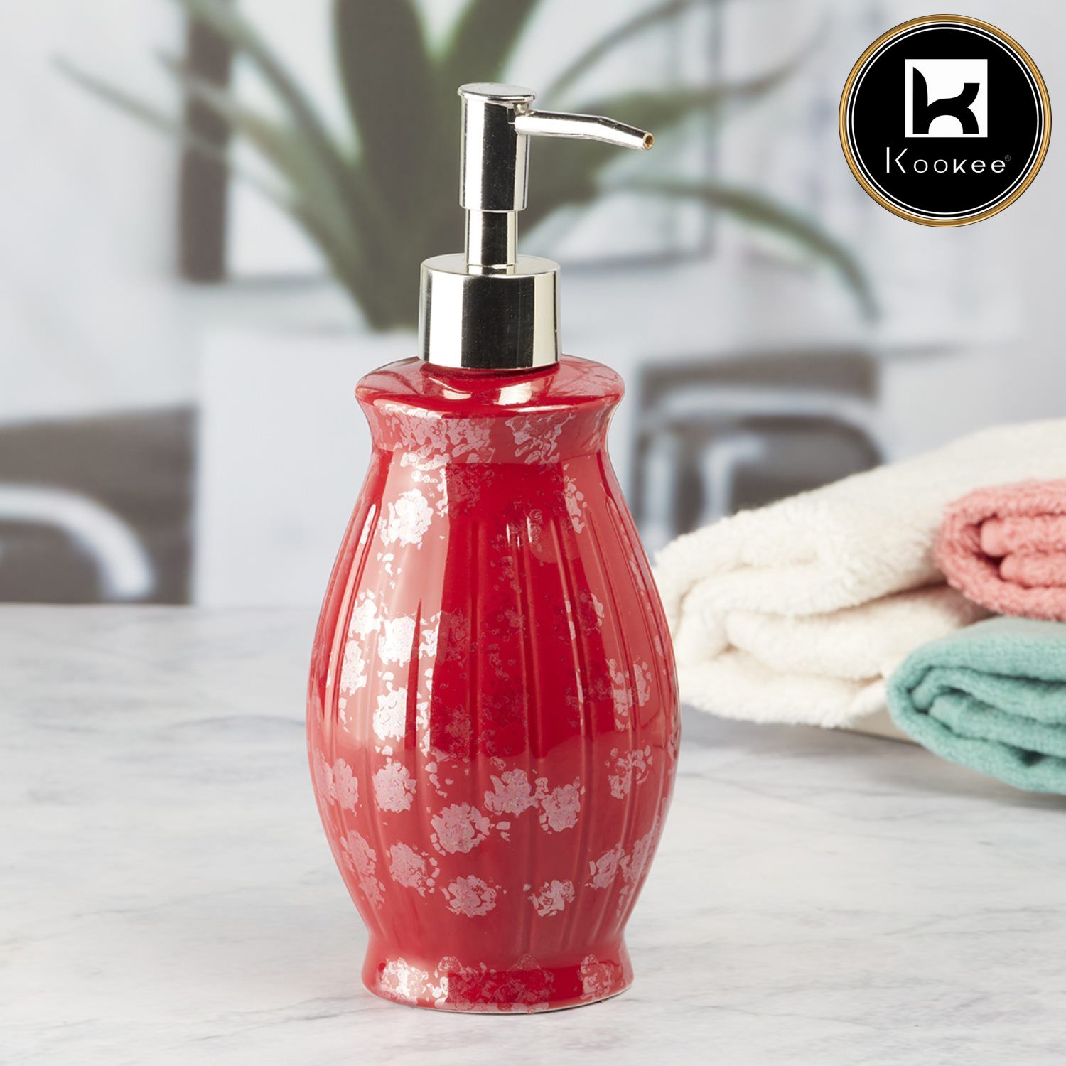 Kookee Ceramic Soap Dispenser with Stylish Refillable Pump Bottle for Bathroom Handwash & Kitchen Wash Basin, Perfect for Hand Soap, Lotion, and more, Red,