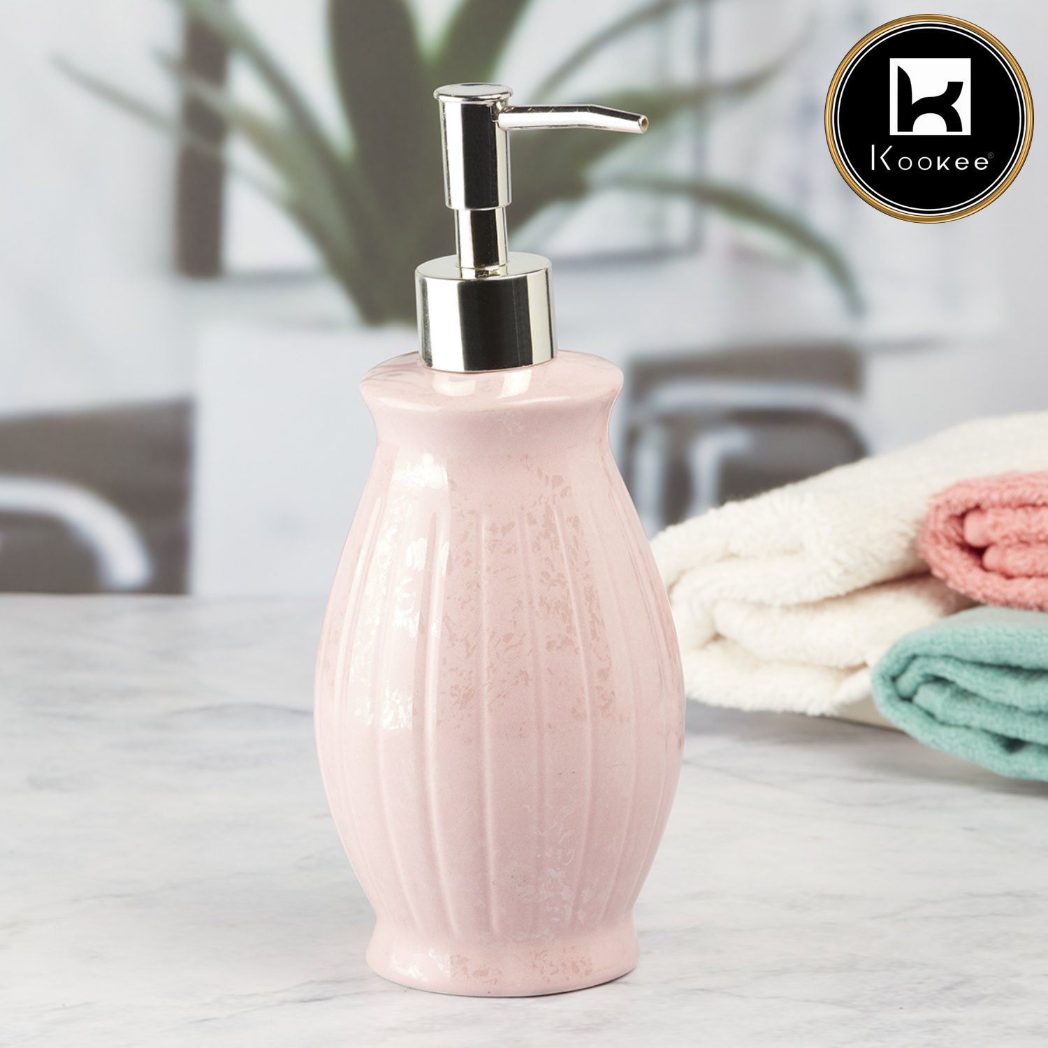 Kookee Ceramic Soap Dispenser with Stylish Refillable Pump Bottle for Bathroom Handwash & Kitchen Wash Basin, Perfect for Hand Soap, Lotion, and more, Pink,