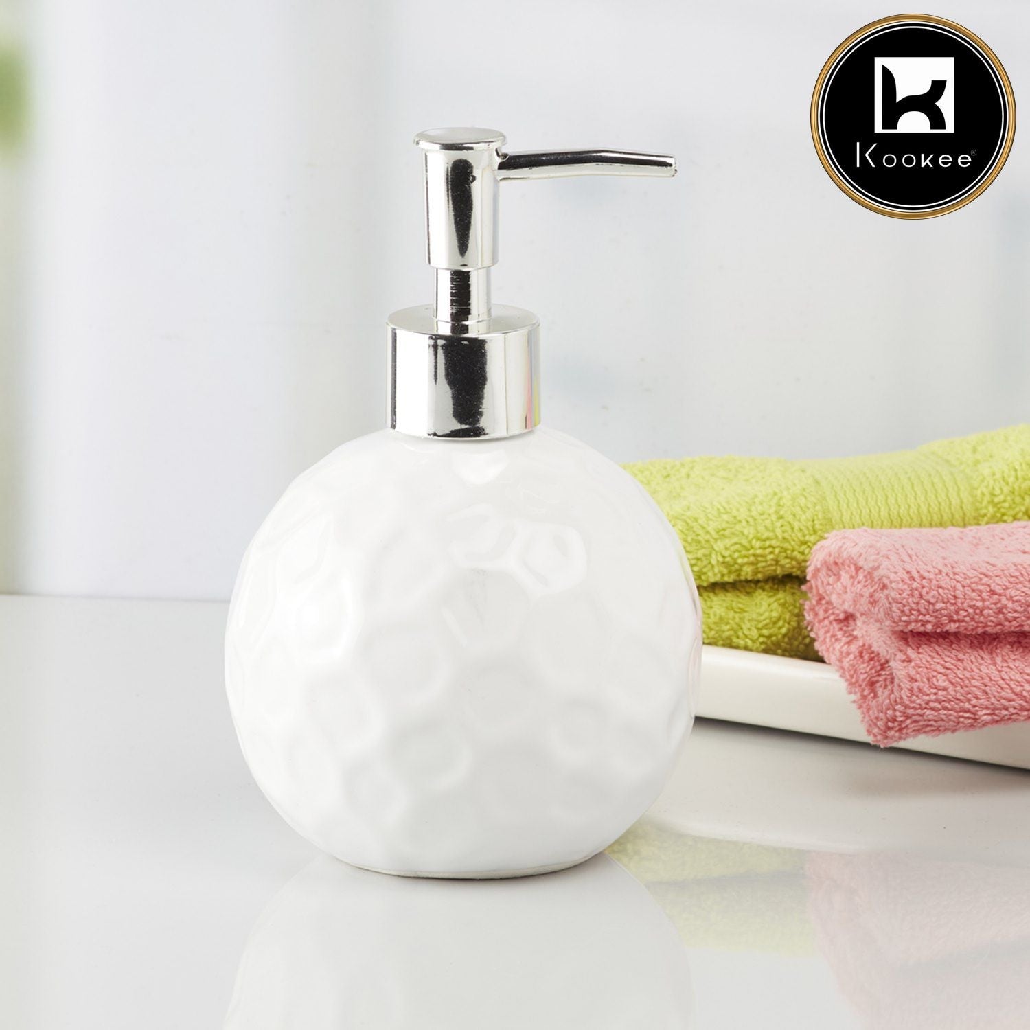 Kookee Ceramic Soap Dispenser with Stylish Refillable Pump Bottle for Bathroom Handwash & Kitchen Wash Basin, Perfect for Hand Soap, Lotion, and more, White,