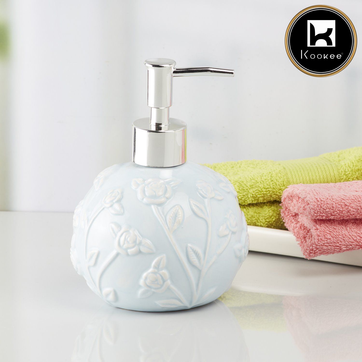 Kookee Ceramic Soap Dispenser with Stylish Refillable Pump Bottle for Bathroom Handwash & Kitchen Wash Basin, Perfect for Hand Soap, Lotion, and more, Blue,