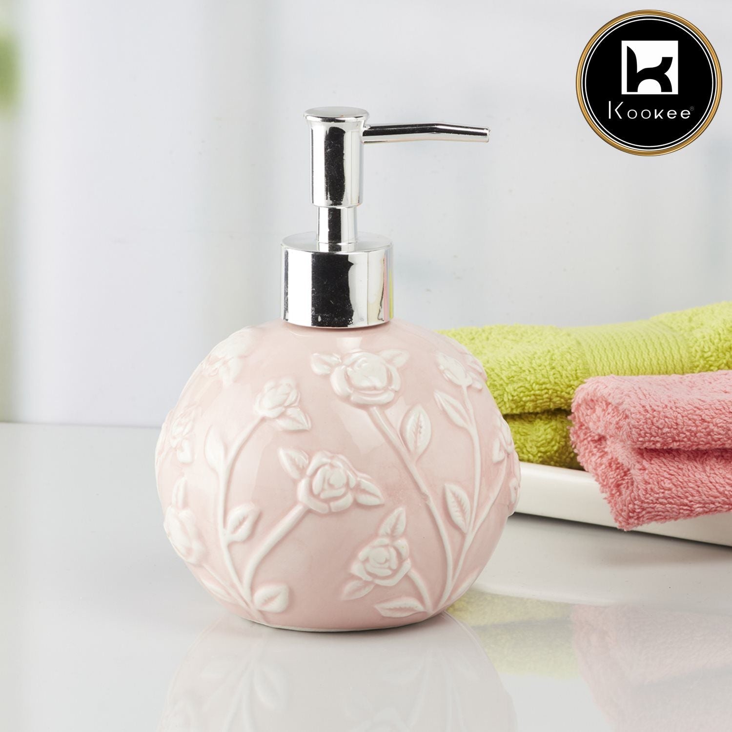 Kookee Ceramic Soap Dispenser with Stylish Refillable Pump Bottle for Bathroom Handwash & Kitchen Wash Basin, Perfect for Hand Soap, Lotion, and more, Pink,