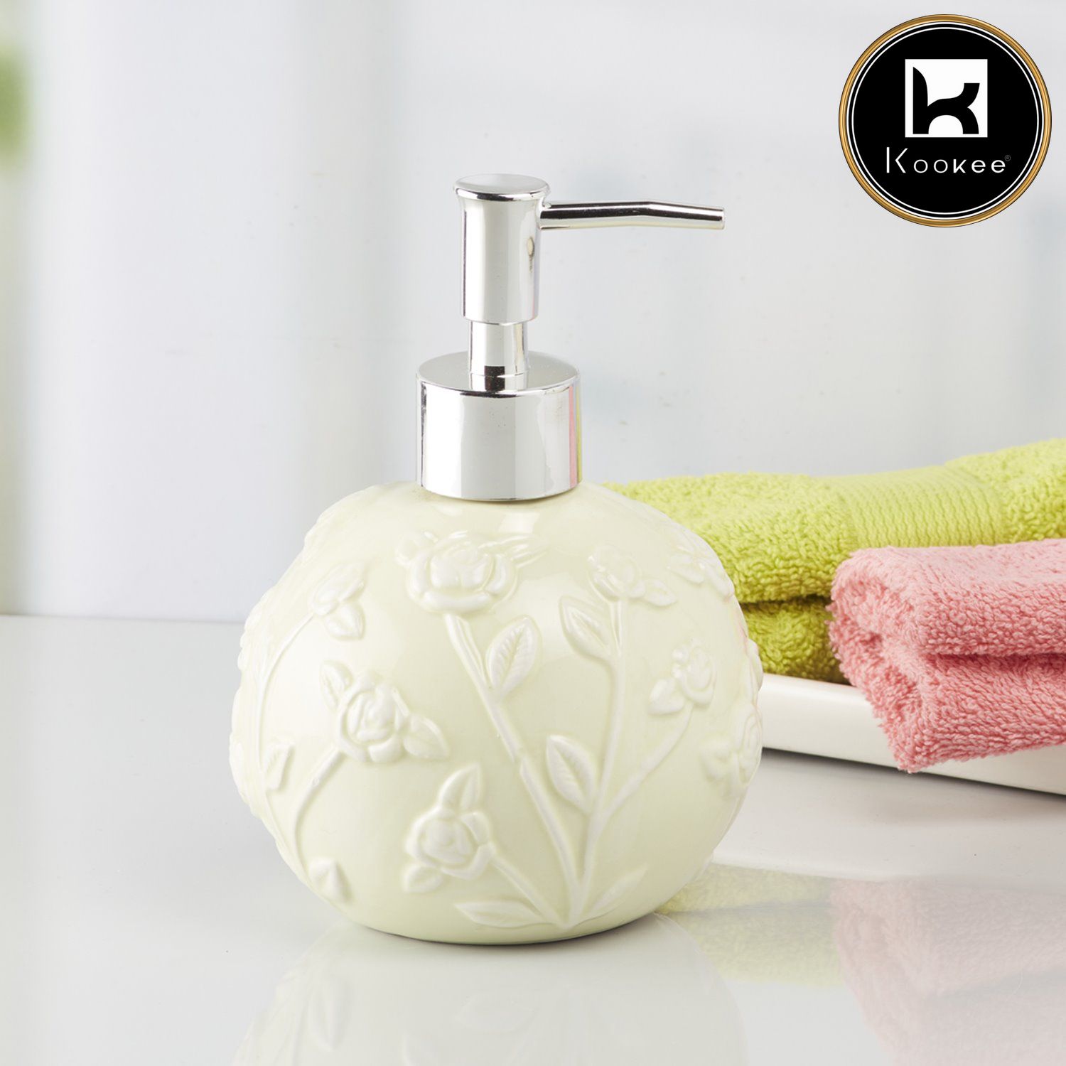 Kookee Ceramic Soap Dispenser with Stylish Refillable Pump Bottle for Bathroom Handwash & Kitchen Wash Basin, Perfect for Hand Soap, Lotion, and more, Off White,