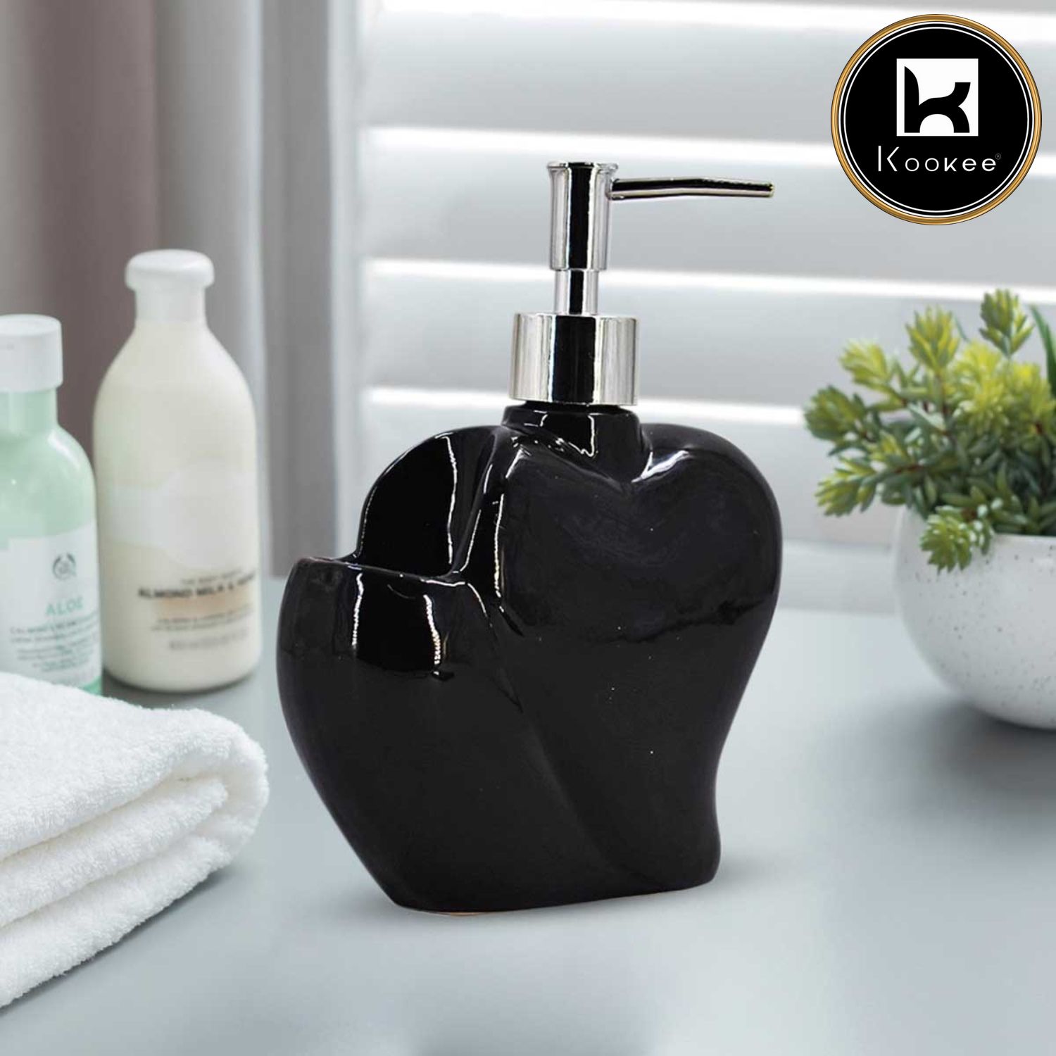 Kookee Ceramic Soap Dispenser with Stylish Refillable Pump Bottle for Bathroom Handwash & Kitchen Wash Basin, Perfect for Hand Soap, Lotion, and more, Black,