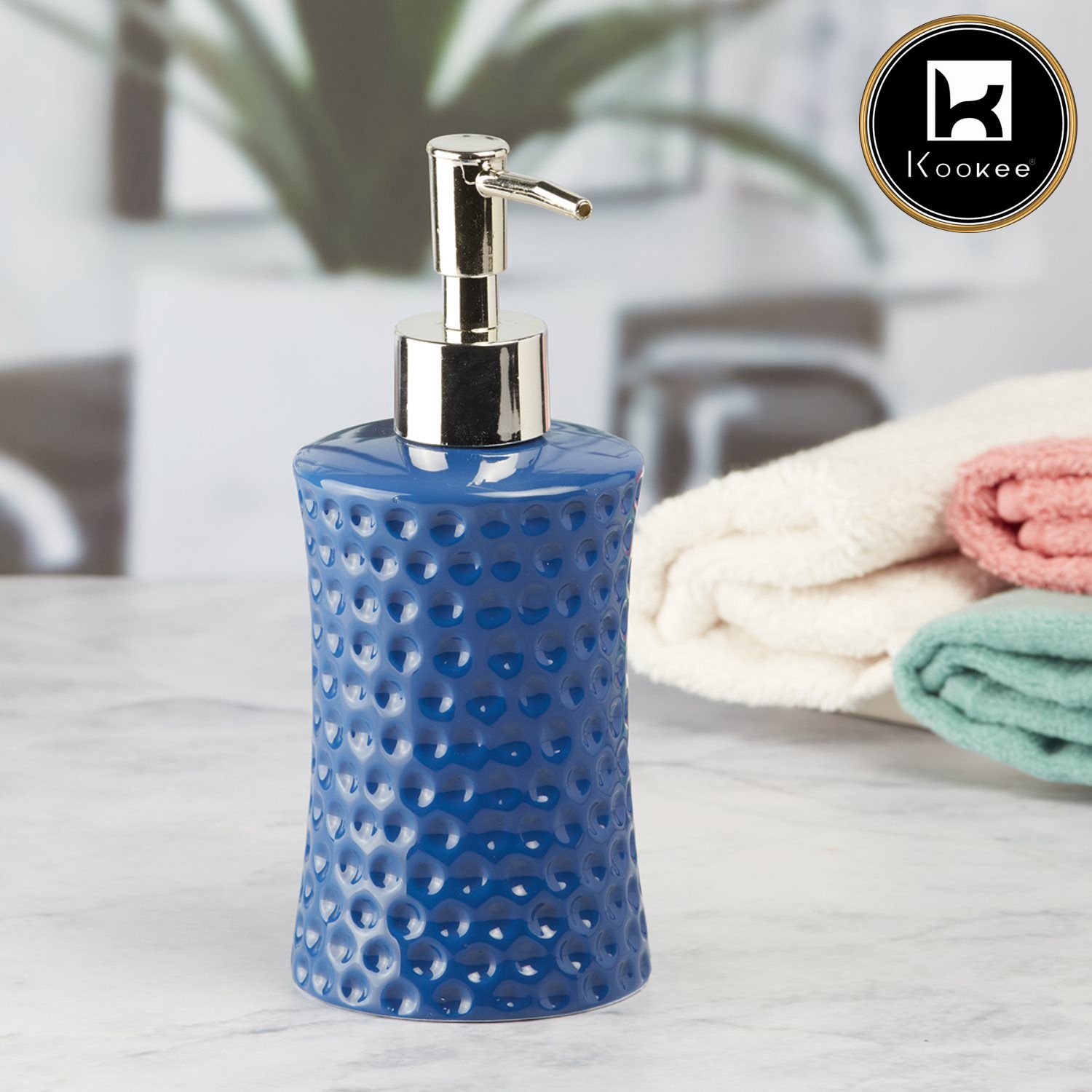 Kookee Ceramic Soap Dispenser with Stylish Refillable Pump Bottle for Bathroom Handwash & Kitchen Wash Basin, Perfect for Hand Soap, Lotion, and more, Blue,