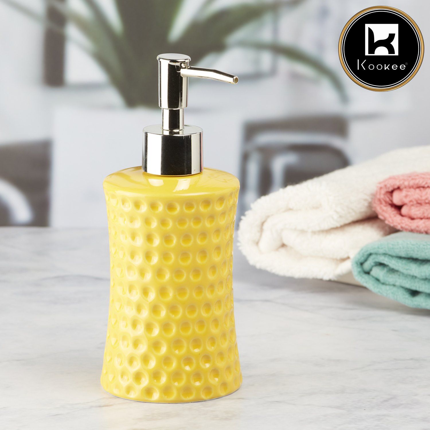 Kookee Ceramic Soap Dispenser with Stylish Refillable Pump Bottle for Bathroom Handwash & Kitchen Wash Basin, Perfect for Hand Soap, Lotion, and more, Yellow,